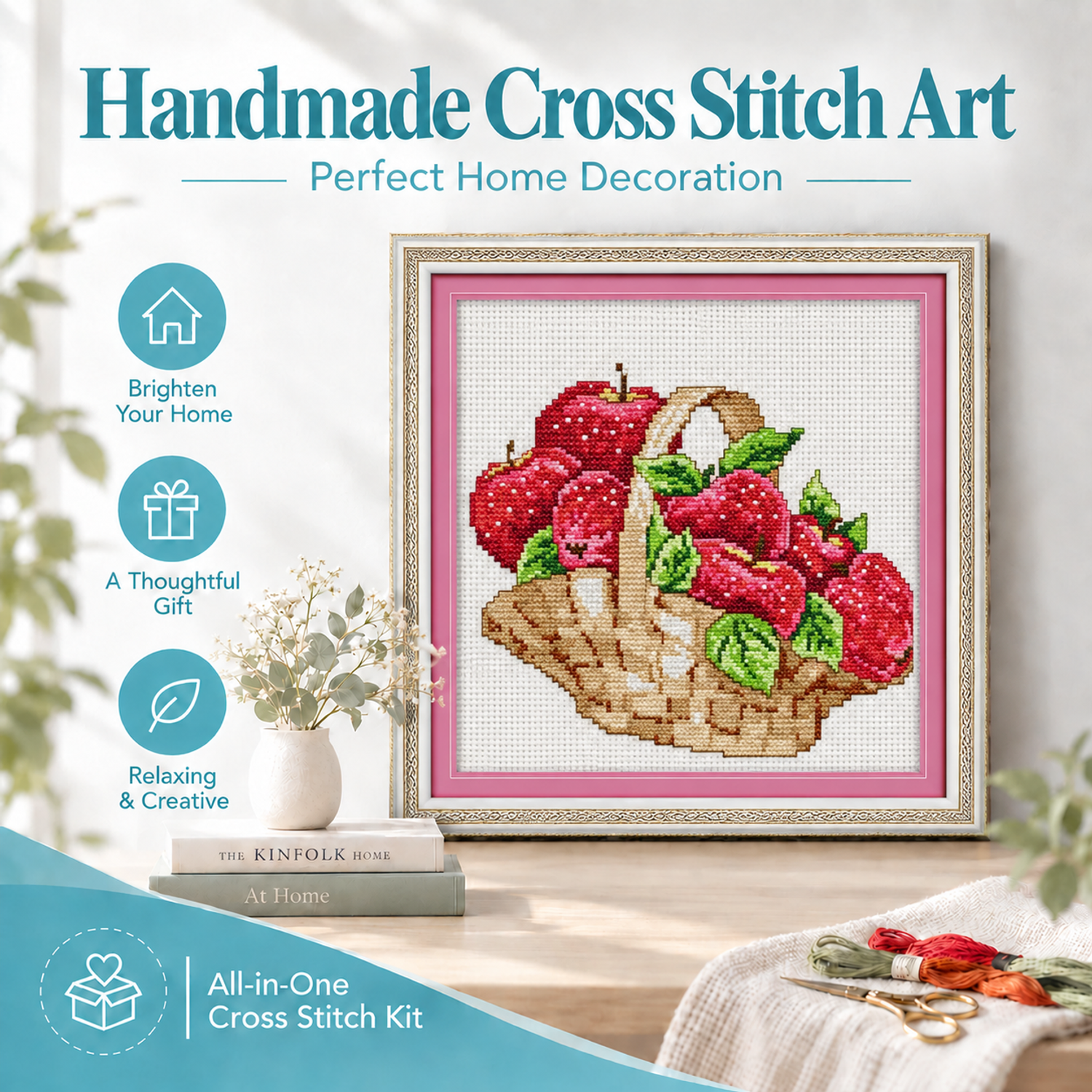 Apple basket Minimal Table Still Life Cross Stitch Kit, Simple Object Composition, Home Wall Decor 8 1 194
