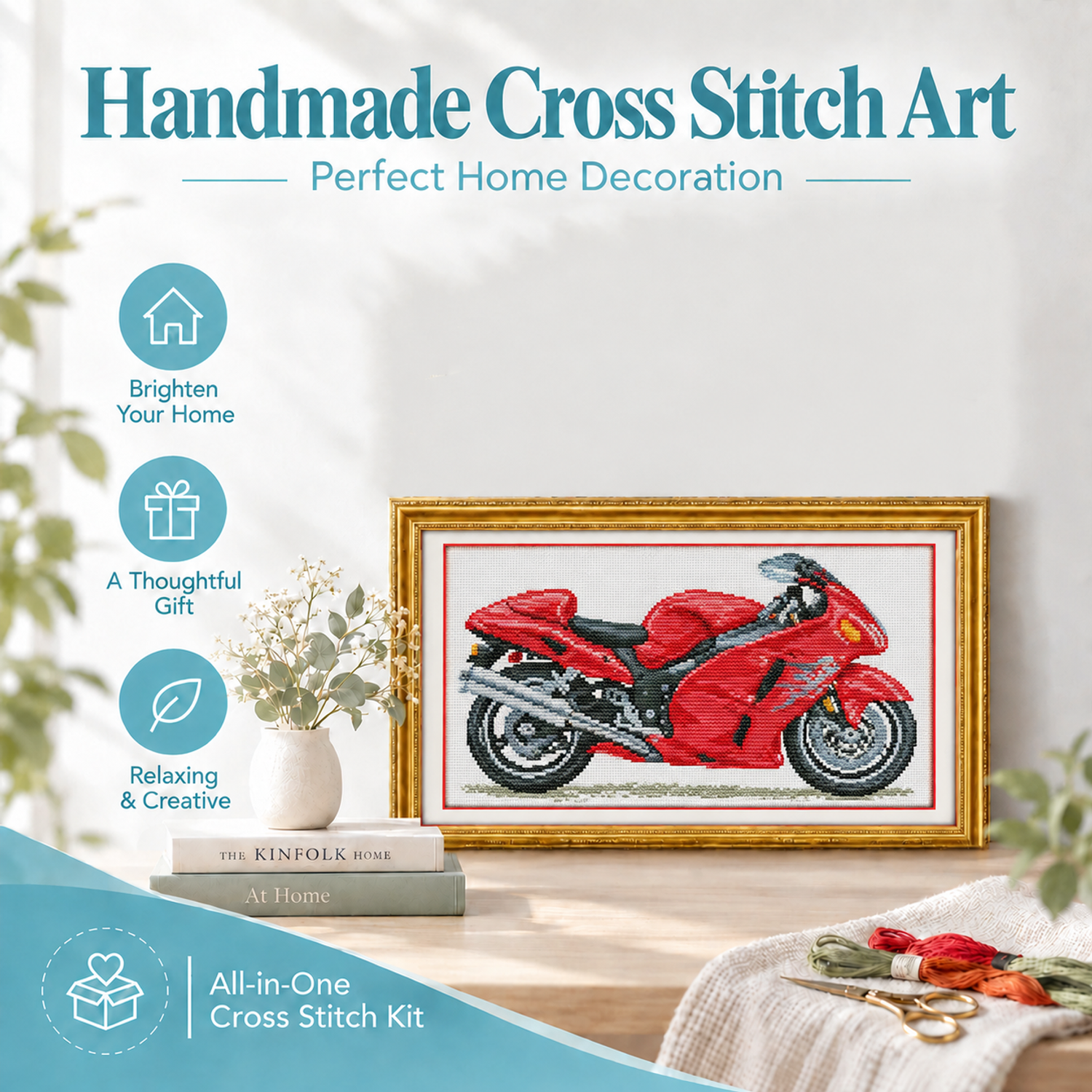 Red motorcycle Graceful Still Life Cross Stitch Kit, Elegant Object Arrangement, Home Wall Hanging 8 1 205
