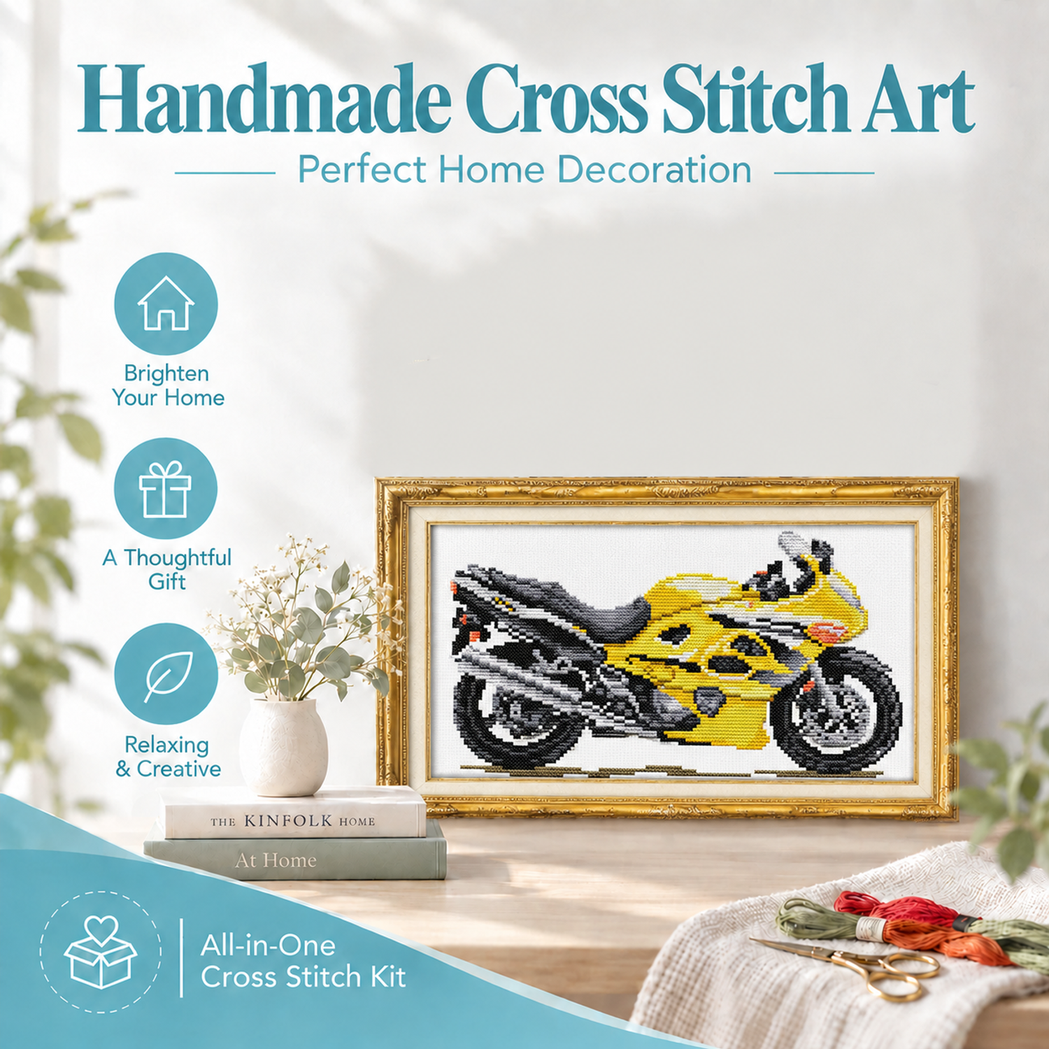 Yellow motorbike Still Life Cross Stitch Embroidery Kit, DIY Hobby Kit Designed for Adult Beginners 8 1 206