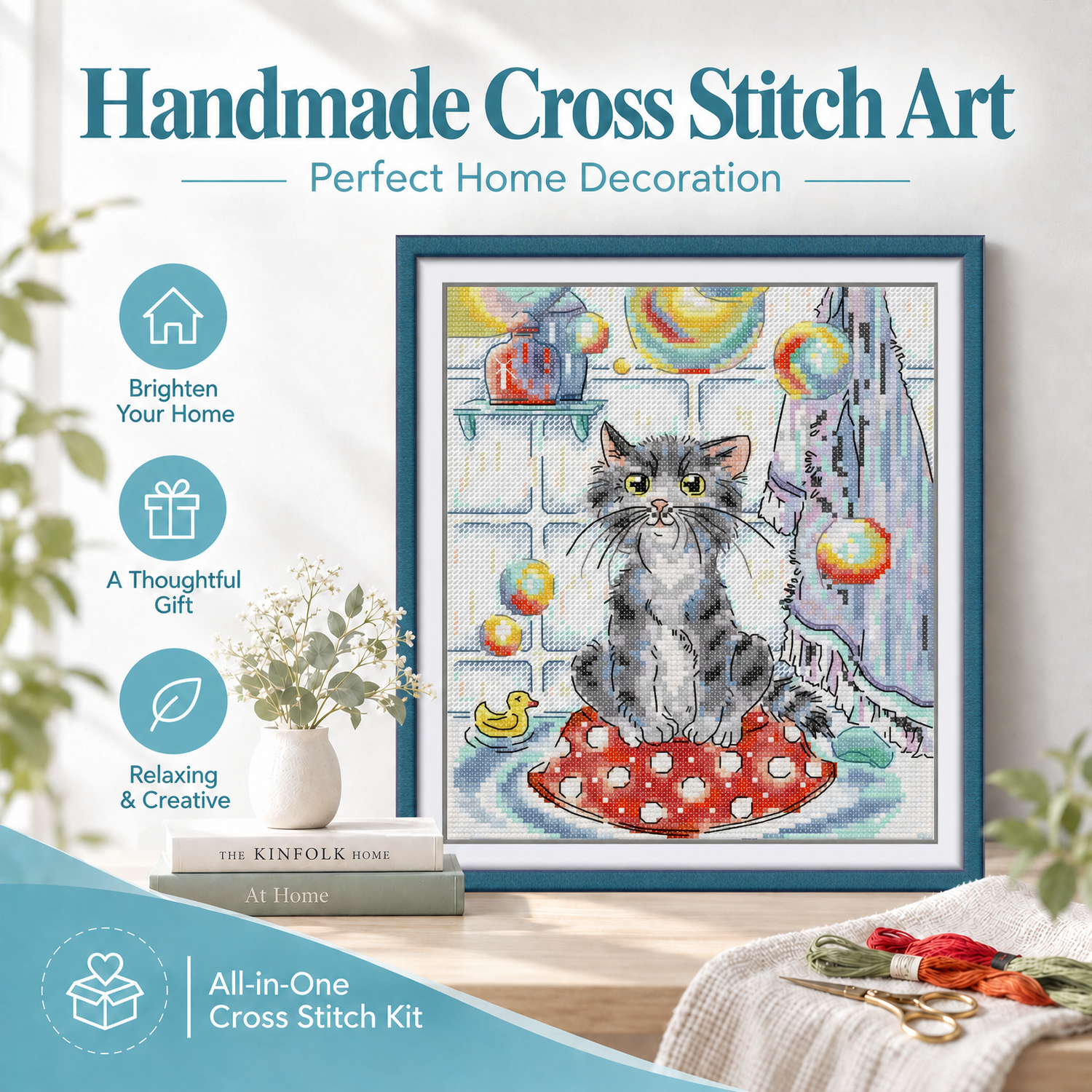Cats and Soap Bubbles Wildlife Cross Stitch Embroidery Starter Kit, Simple Animal Pattern, Handmade Home Wall Decoration 7 1 21
