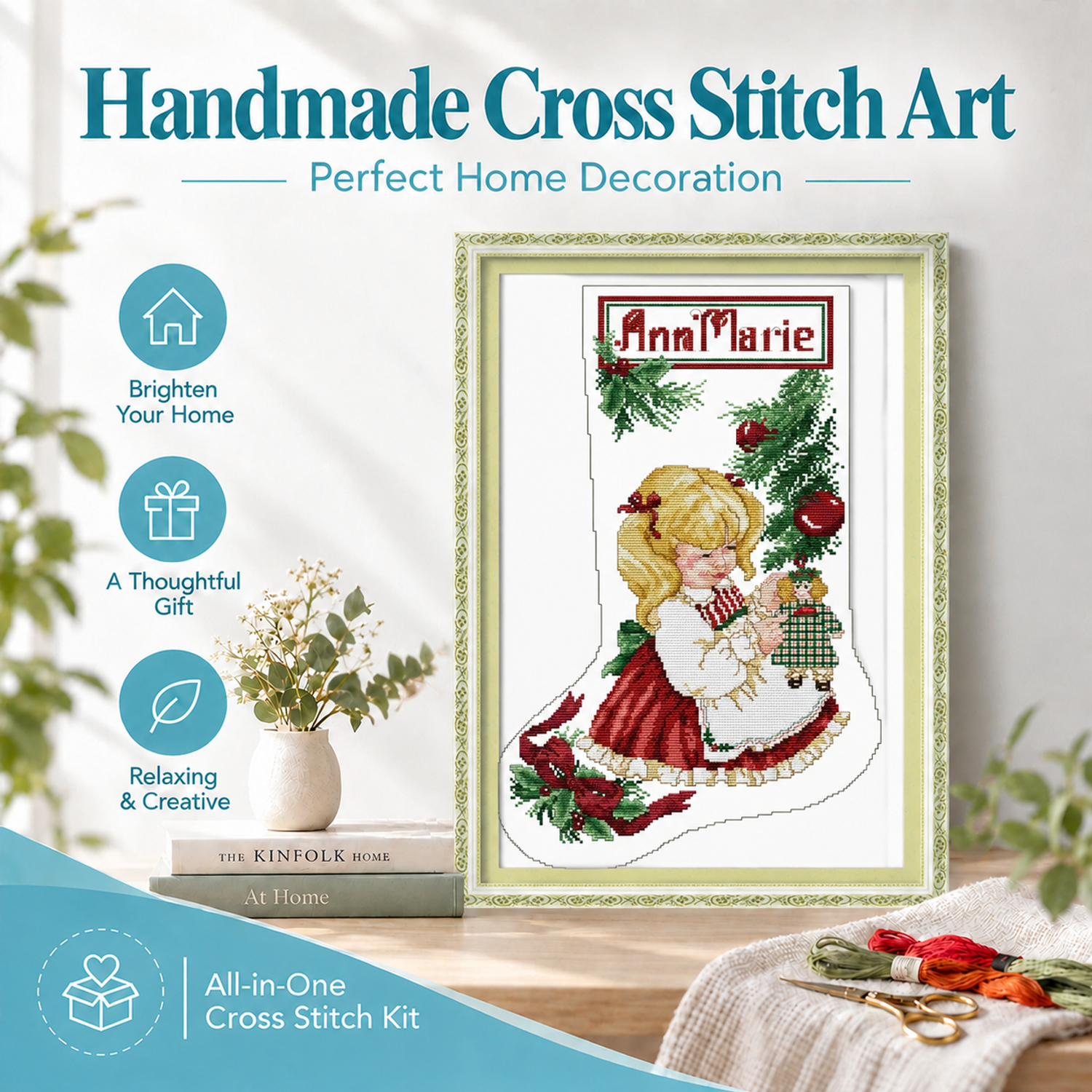 Christmas Stocking Girl with a Doll High Quality Still Life Cross Stitch Embroidery Kit, Premium Materials, Wall Art Decor 8 1 215