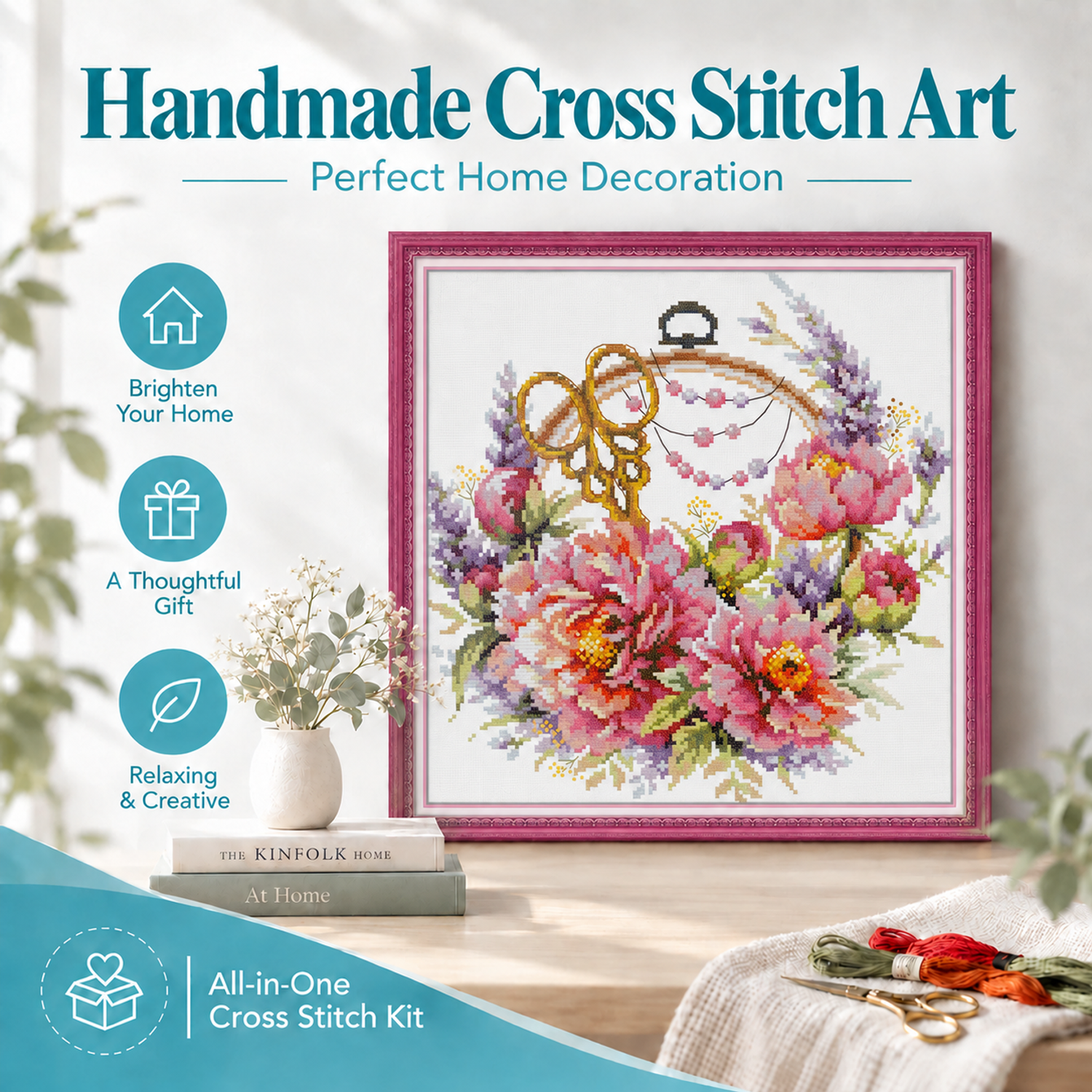 Peonies for Needlewoman Floral Cross Stitch Needlework Kit, Complete Starter Supplies, Home Wall Hanging Art 9 1 219