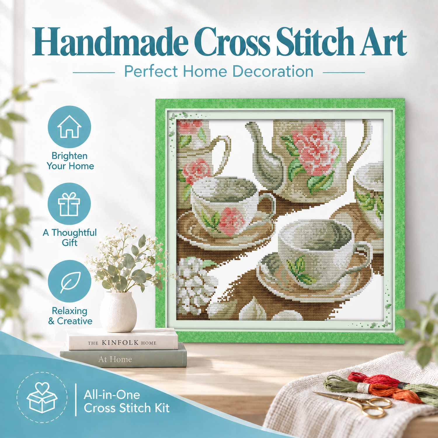 Rose tea set Complete Still Life Cross Stitch Embroidery Set, Threads & Needles Included, Adult Craft Project 7 1 22