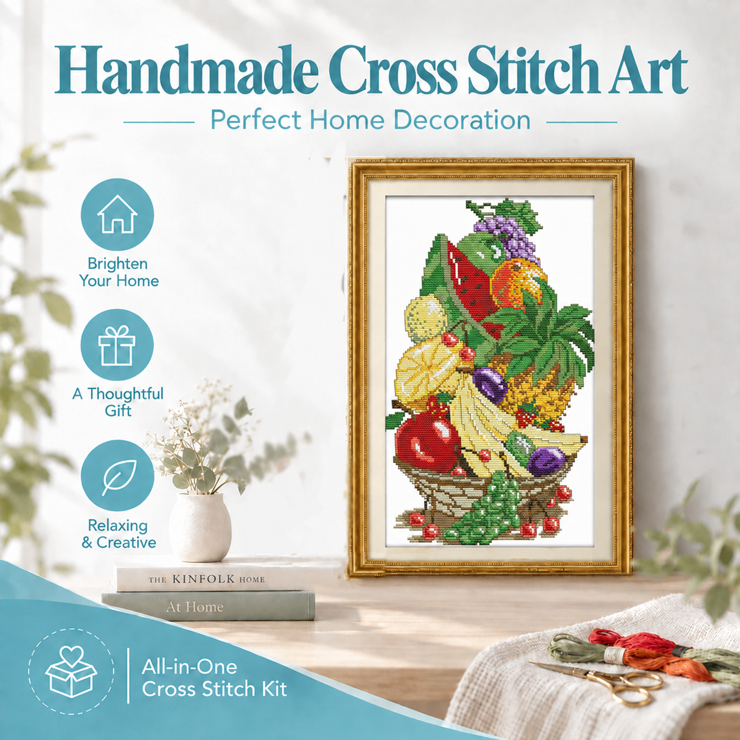 Summer fruit Still Life Cross Stitch Embroidery Kit, Handmade Tabletop Art, Living Room Hanging Decor 8 1 221