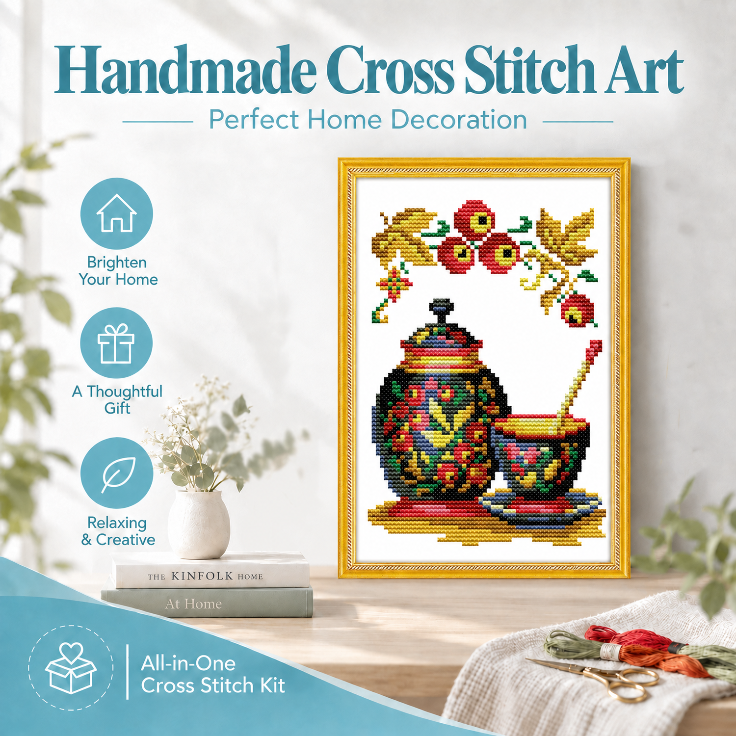 Coloured pottery Still Life Cross Stitch Embroidery Kit for Adult Beginners, Artistic Table Object Composition, Home Wall Hanging Decor 8 1 223