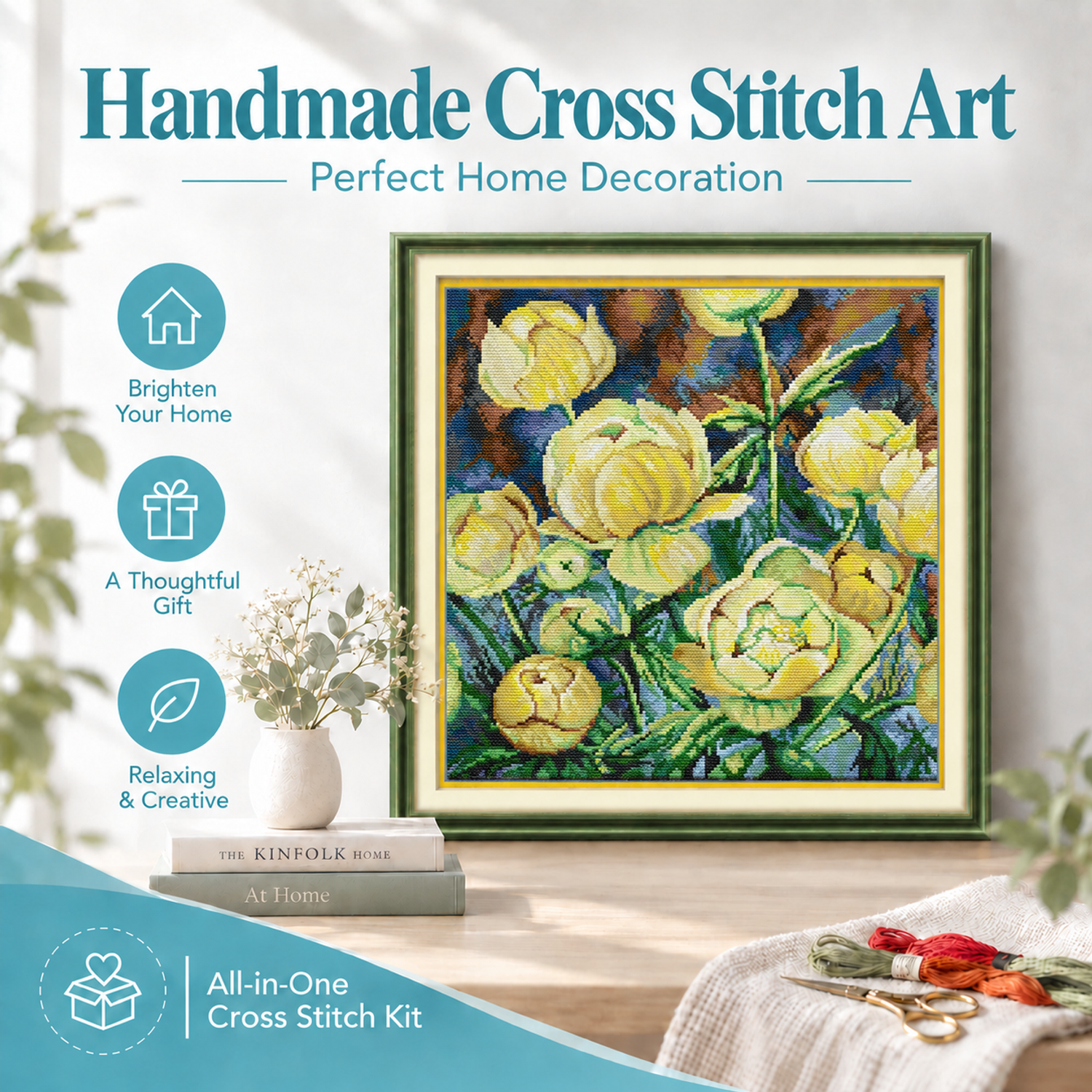 Camellias Floral Plant Cross Stitch Embroidery Kit, Easy DIY Craft, Home Wall Art Decoration 8 1 224