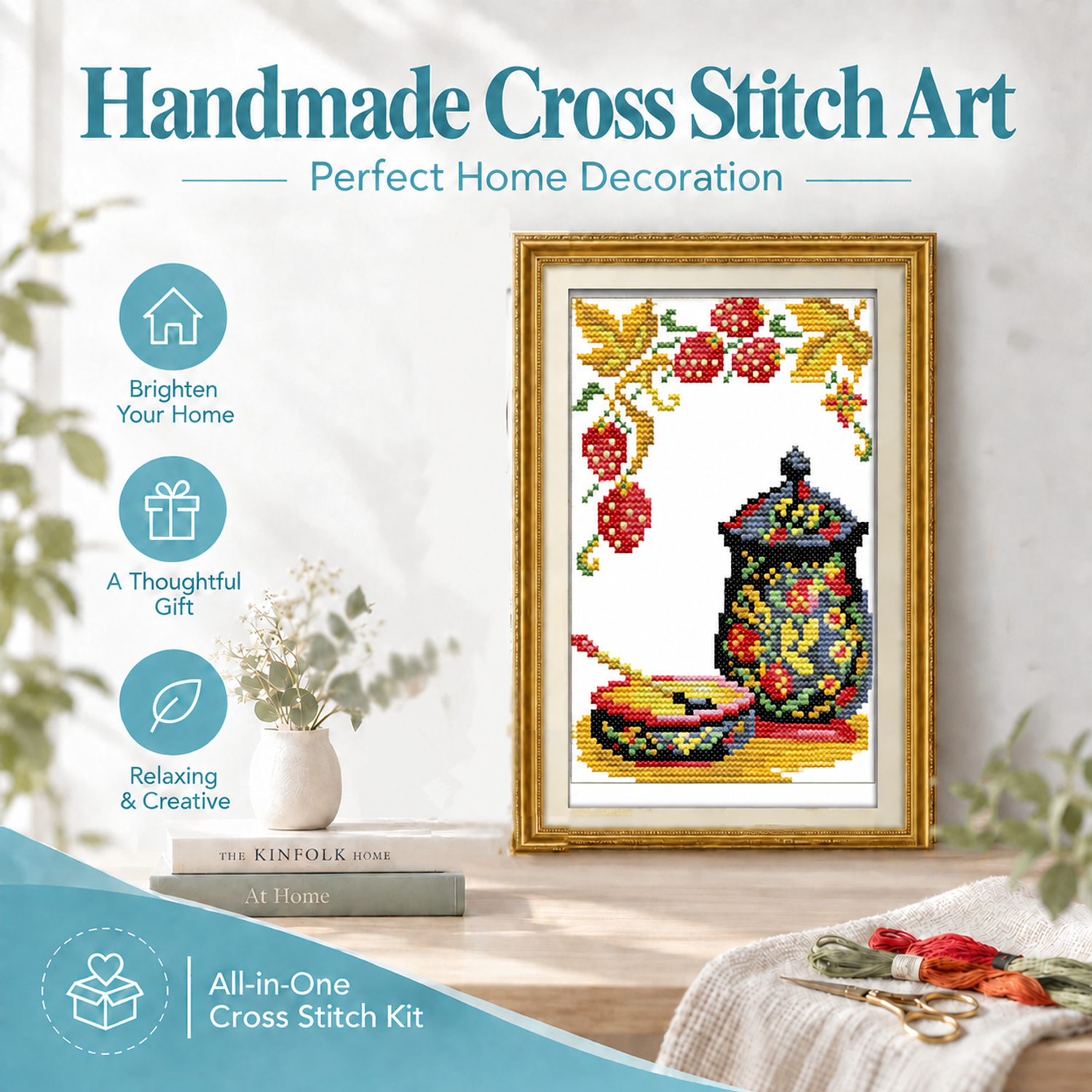 Coloured pottery Easy DIY Still Life Cross Stitch Kit, Stamped Table Scene Pattern, Handmade Wall Art 8 1 225