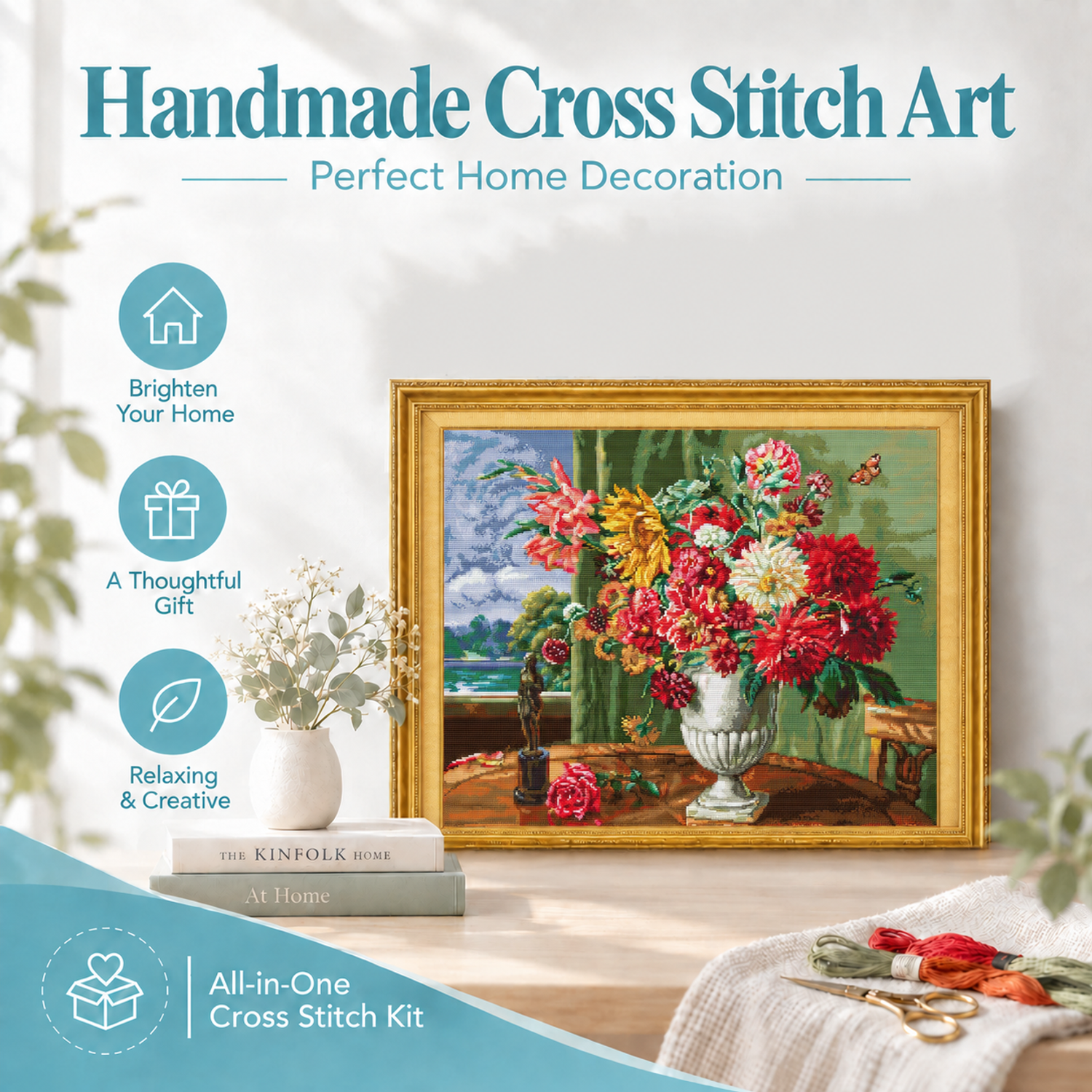 Oil Painting Flowers in Front of Window Country Garden Floral Cross Stitch Embroidery Kit, Beginner Friendly Home Wall Art 7 1 227