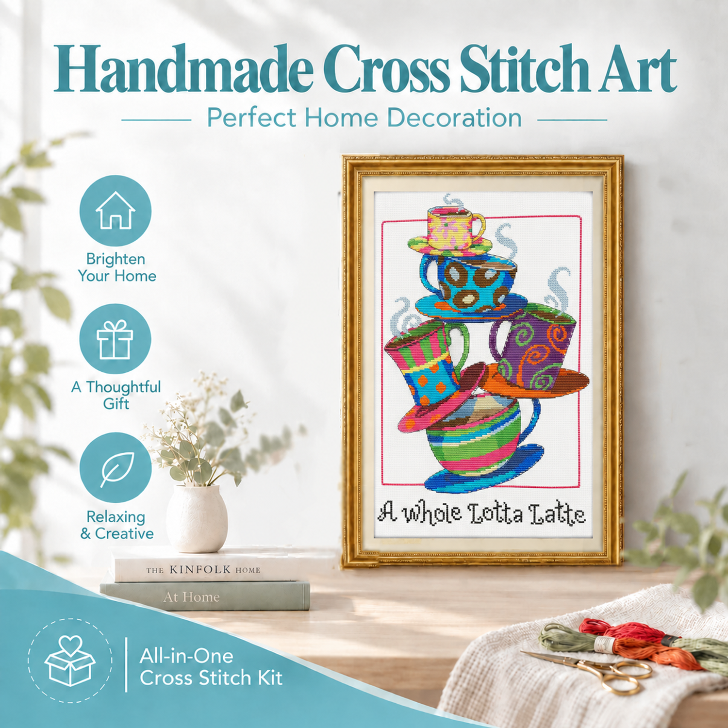 Five cup Simple Still Life Hand Cross Stitch Embroidery Kit for Adults, Calming Hobby Wall Decor 8 1 229