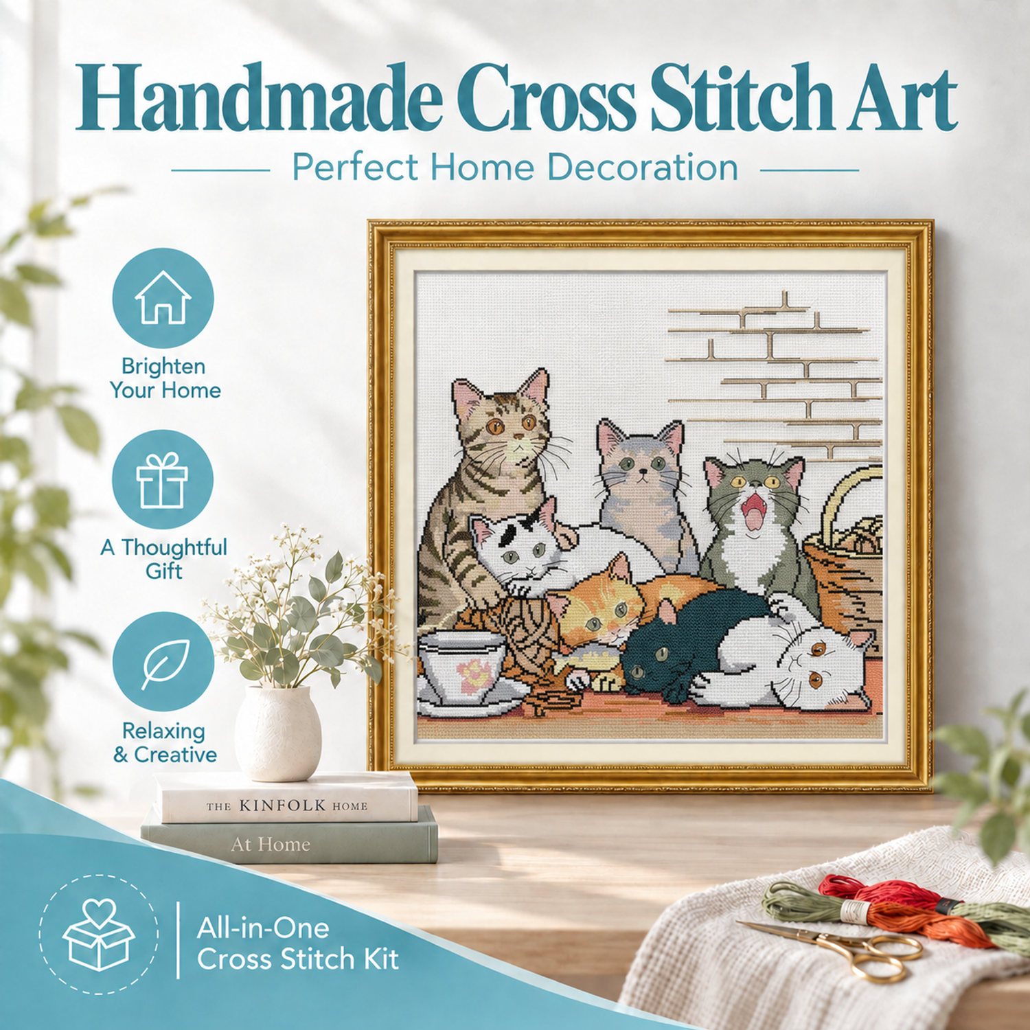 Seven little kittens All-in-One Animal Cross Stitch Kit, Beginner Friendly Embroidery Supplies, Home Wall Art Decor 7 1 23