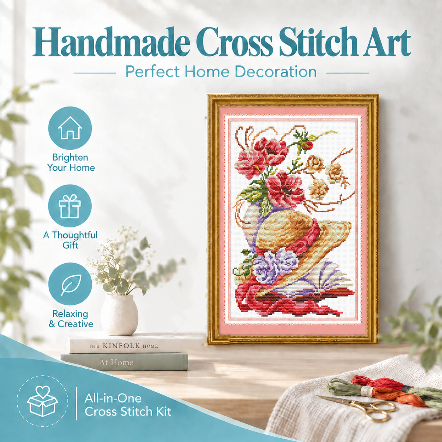 Poppy flower hat Pre-Print Table Still Life Cross Stitch Kit, No Count Fabric, DIY Art for Home Interior 8 1 230