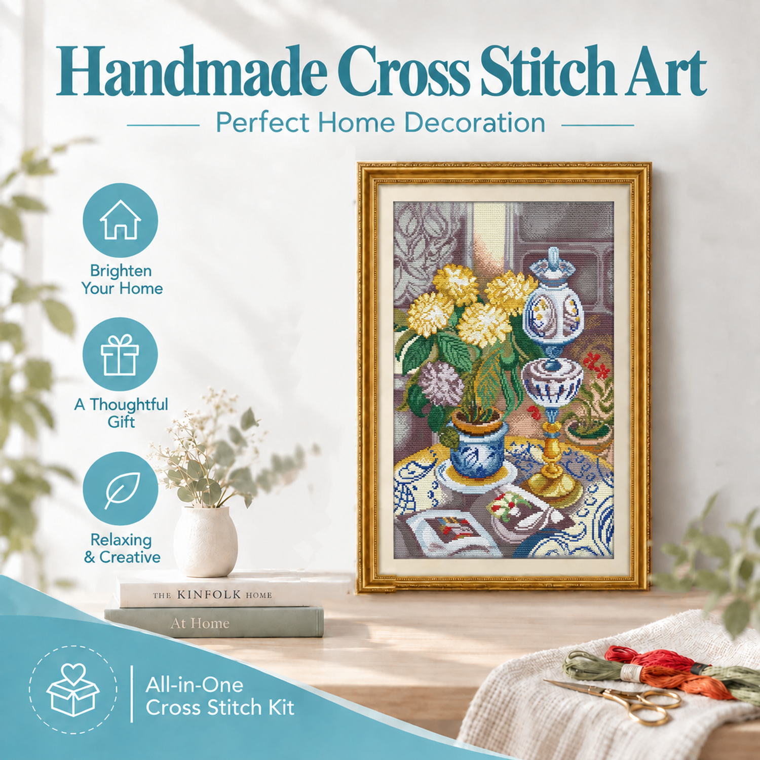 Chrysanthemum vase Still Life Cross Stitch Needlework Kit for Adults, Leisure DIY Handcraft, Room Wall Art 8 1 236