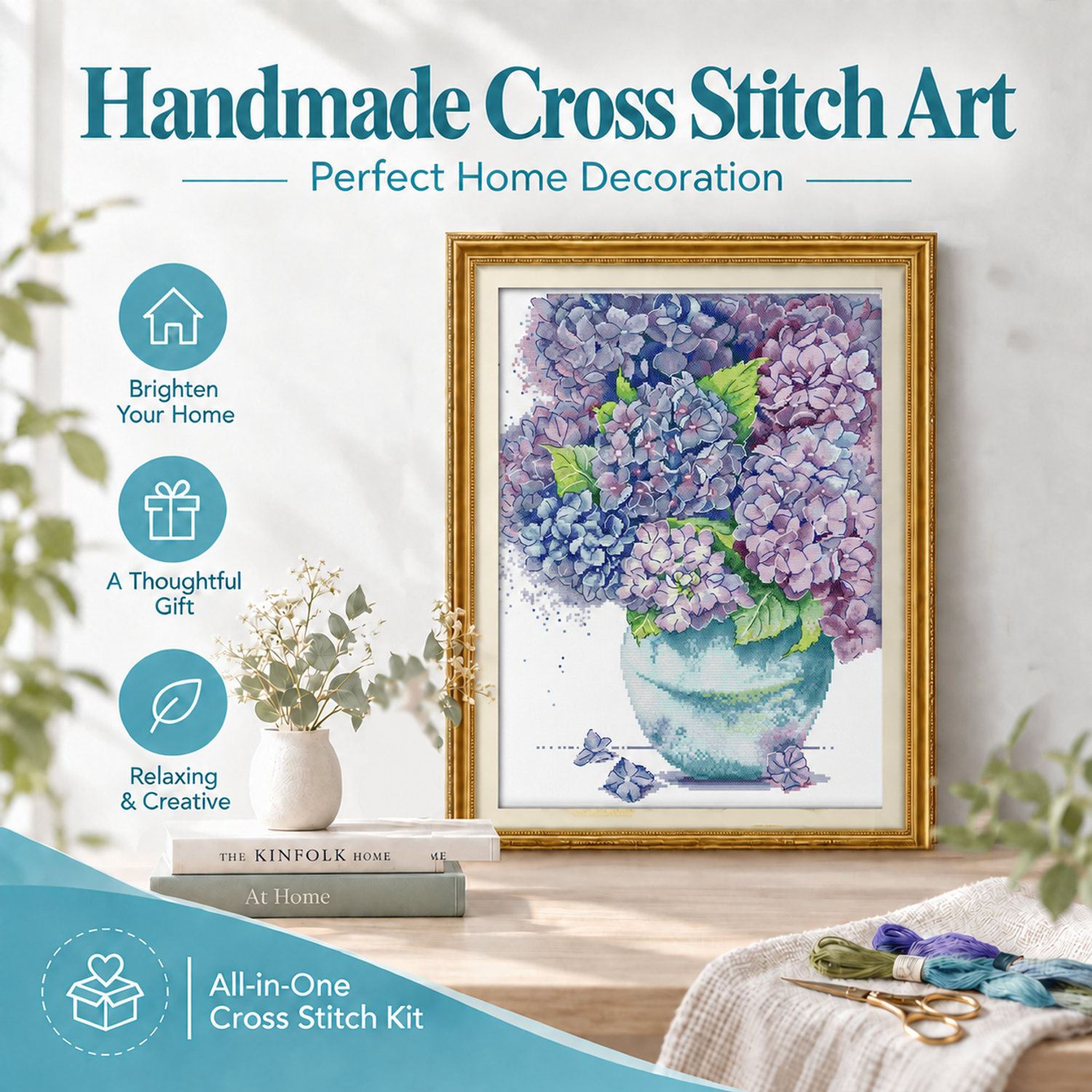 Blue-purple hydrangea Pre-Printed Floral Cross Stitch Embroidery Kit, No Counting Needed for Adult Beginners 8 1 242