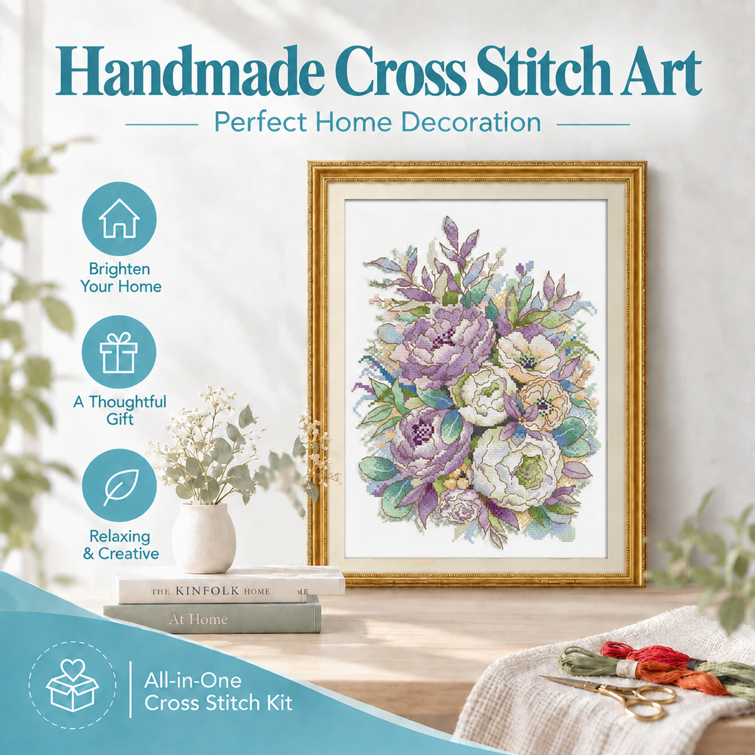 Colorful roses Floral Garland Cross Stitch Embroidery Kit, Simple Stitch Design, Home Wall Art Decor 8 1 243