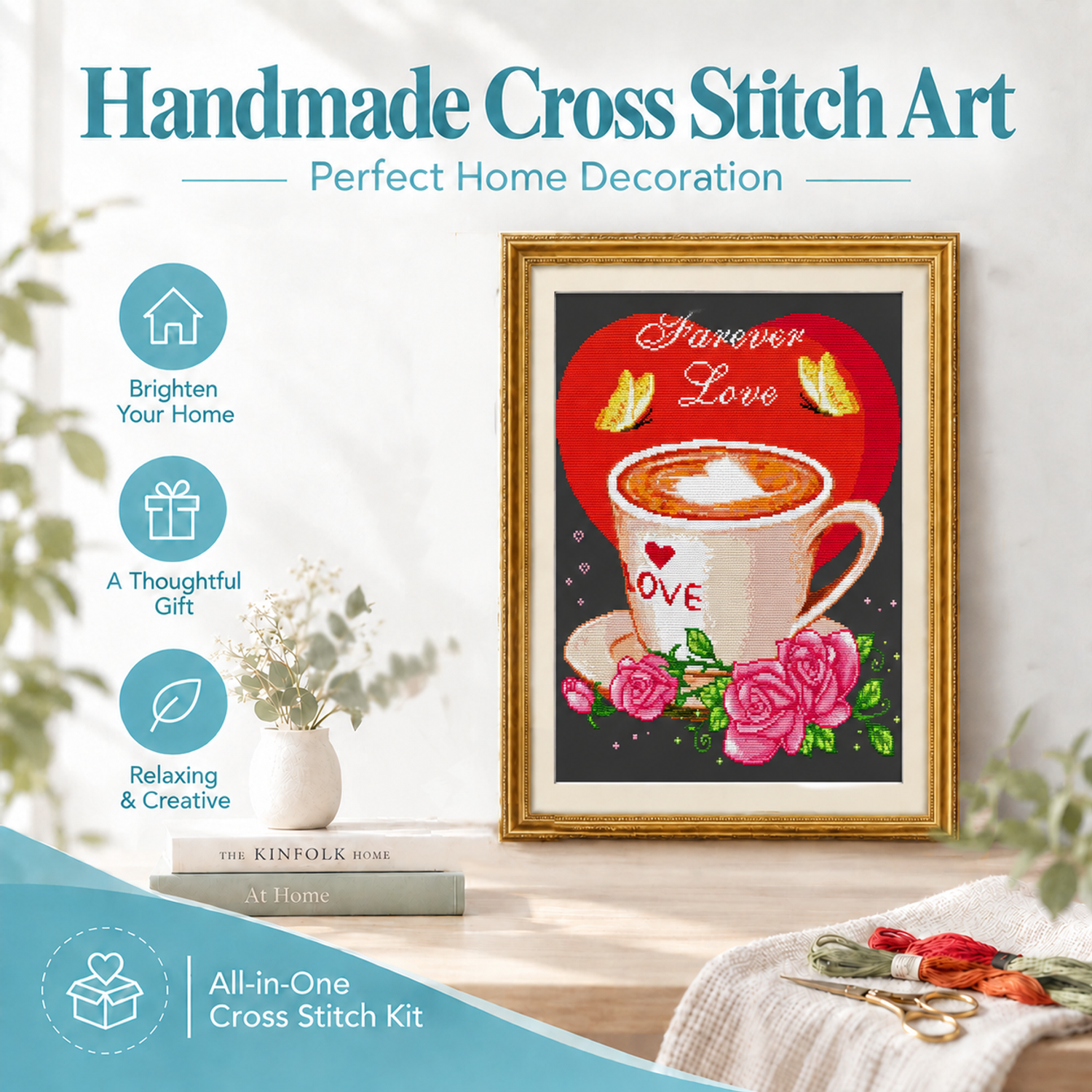 A Love Affair with Coffee Still Life Cross Stitch Art Kit, Full Embroidery Supplies, Table Scene Wall Hanging Art 8 1 249