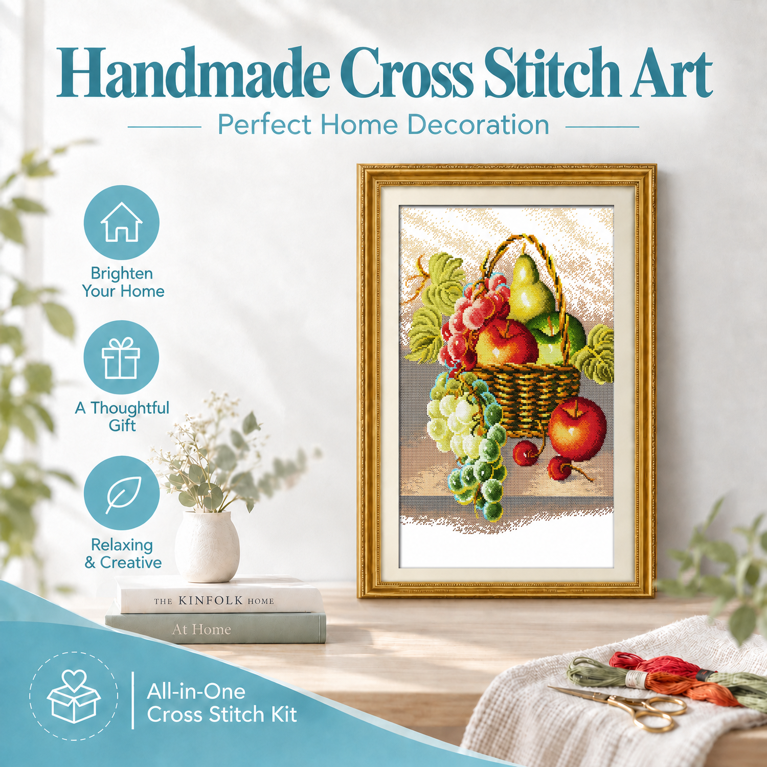 Fruit basket Still Life Cross Stitch Embroidery Kit with Hoop, Tabletop Art Project for Adults 8 1 263