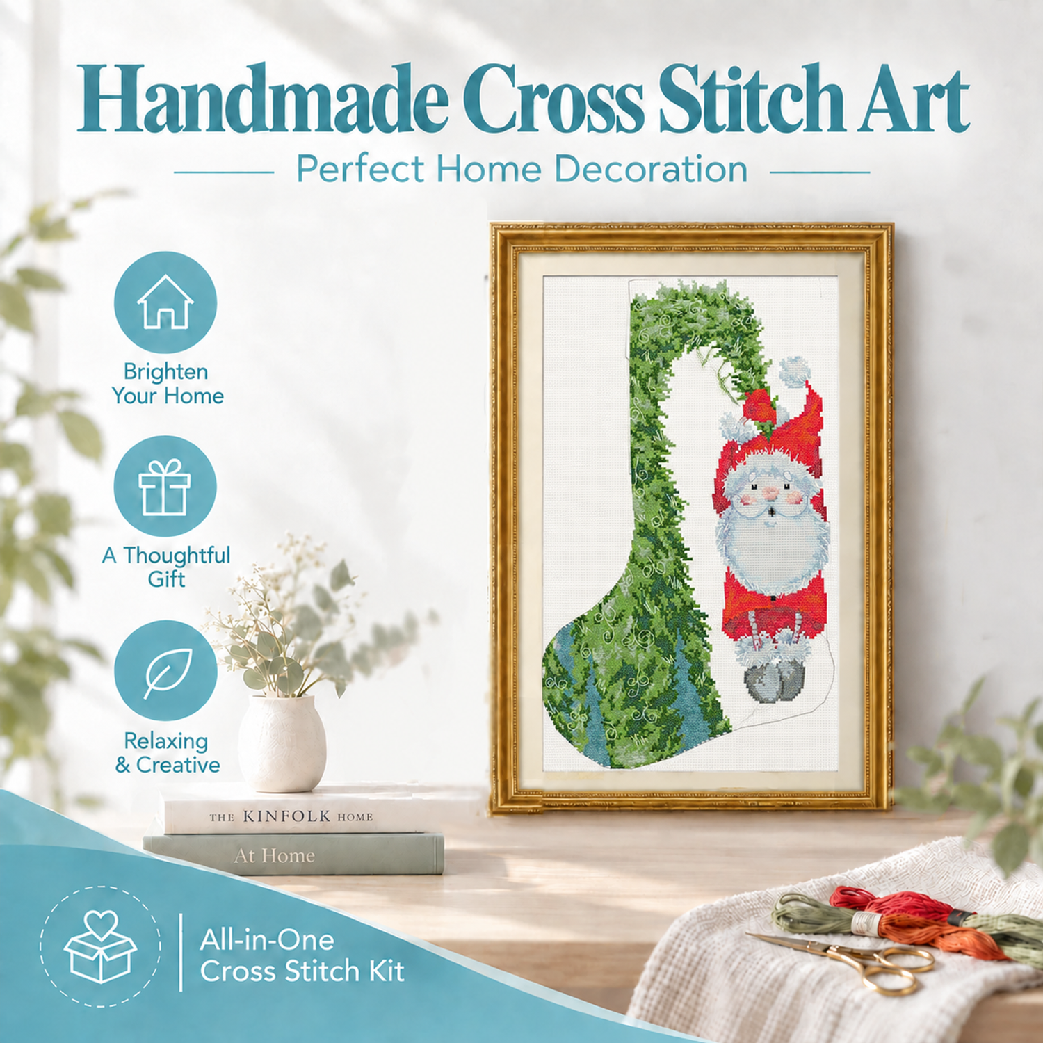 Christmas Stocking—Santa Claus Hanging on the Tree Soft Muted Still Life Cross Stitch Kit, Gentle Table Object Tones, Beginner Wall Decor 8 1 264