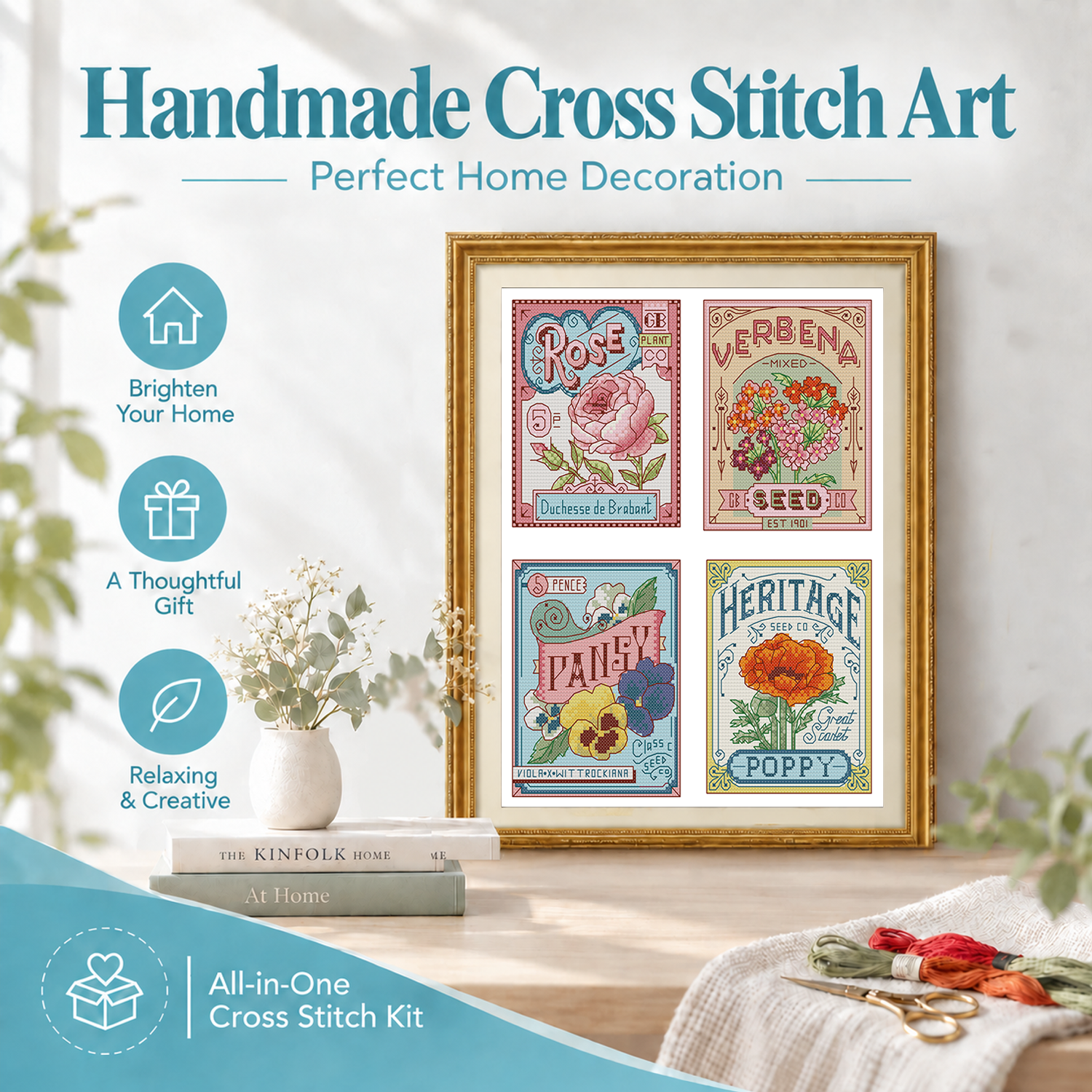 Flower's illustrated book Floral Cross Stitch Embroidery Kit, DIY Handmade Wall Art, Easy for Adult Crafters 8 1 266