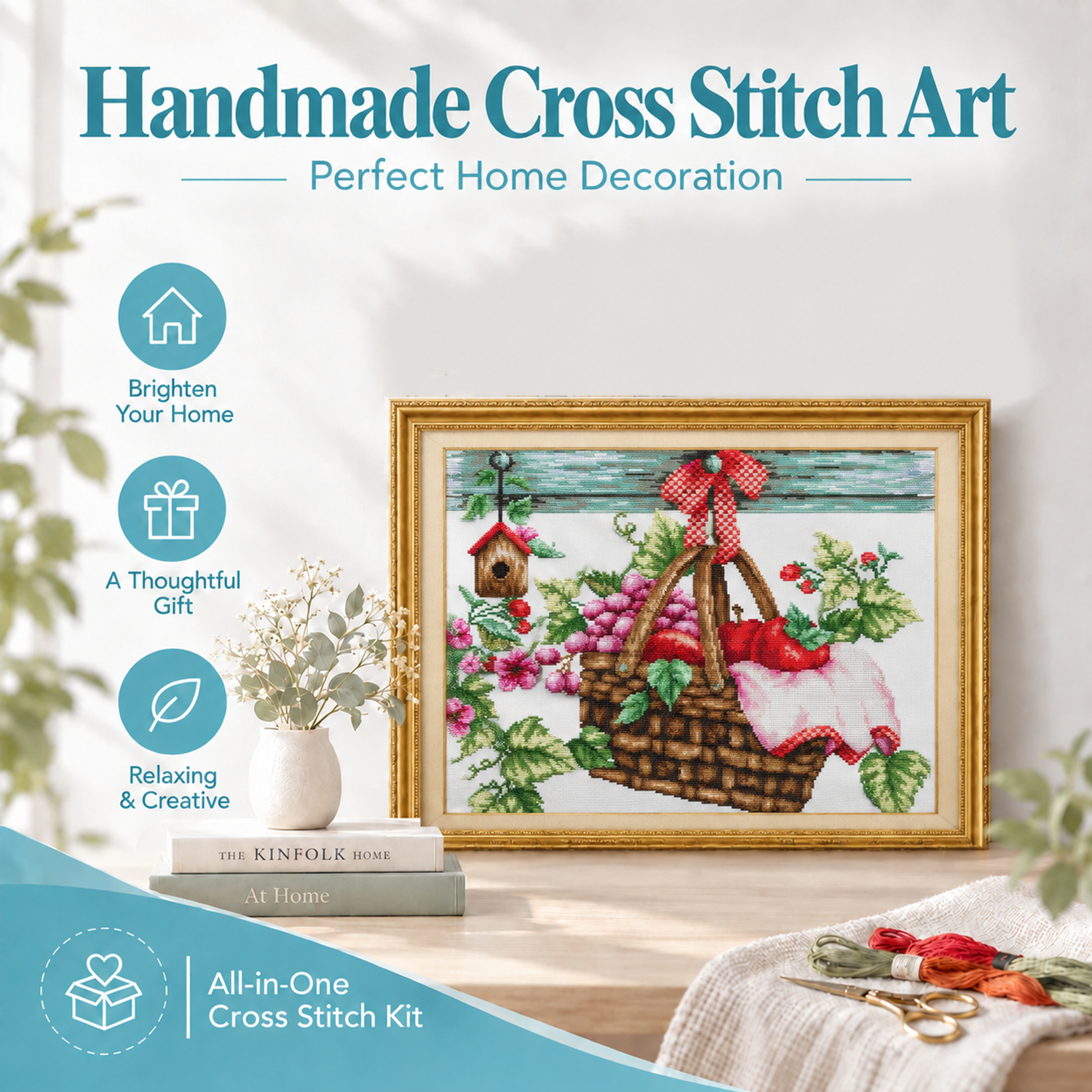 Fruit basket Country Still Life Cross Stitch Starter Kit, Rustic Table Objects, Easy DIY Wall Art 9 1 269