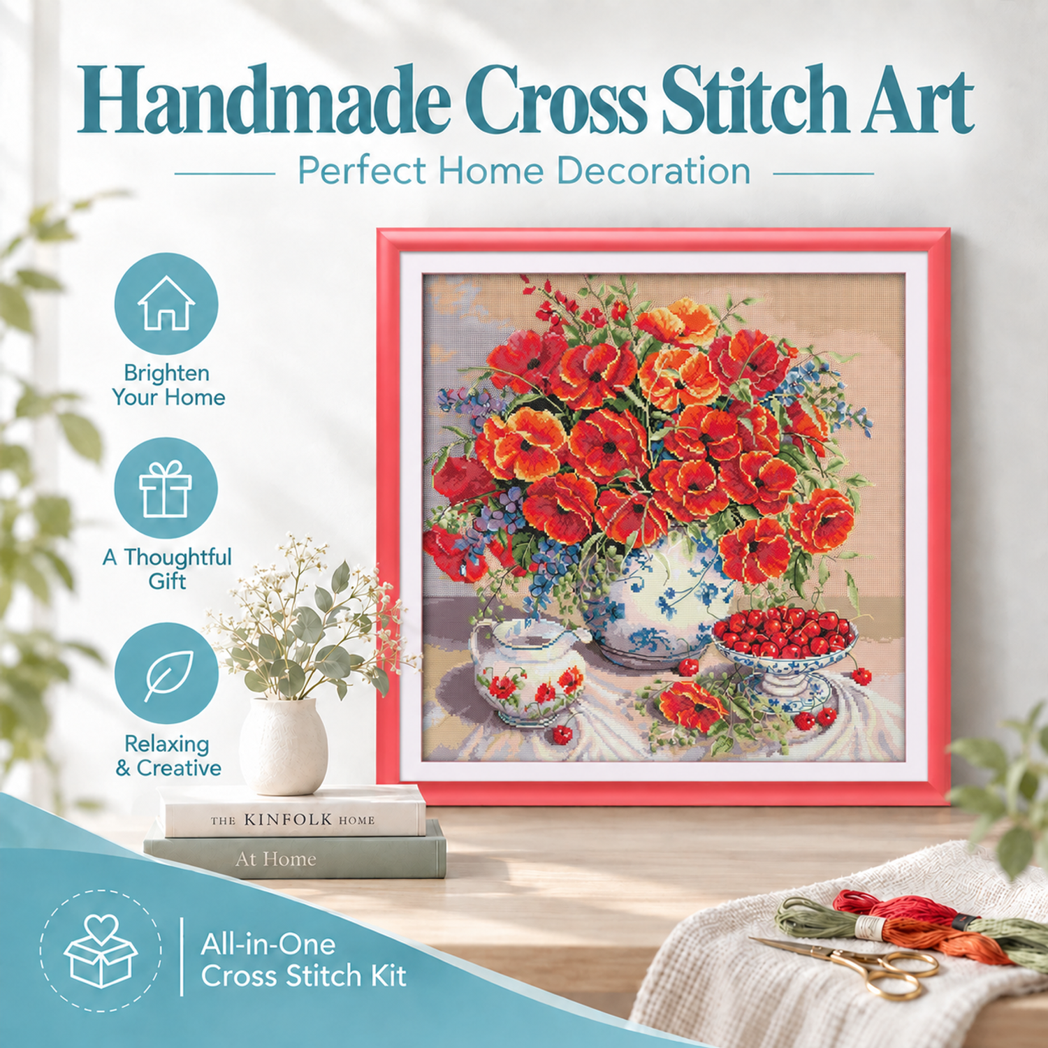 Poppies and Cherries Still Life Needlework Cross Stitch Kit for Adults, Leisure DIY Activity, Bedroom Wall Decor 7 1 27