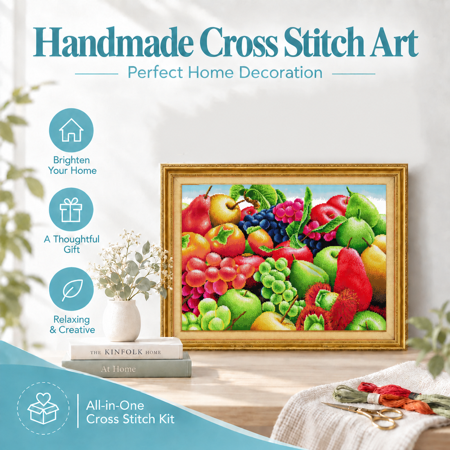 Fruits Still Life Cross Stitch Kit for Hobbyist, Simple Table Still Life Motif, Home Wall Decor 8 1 270