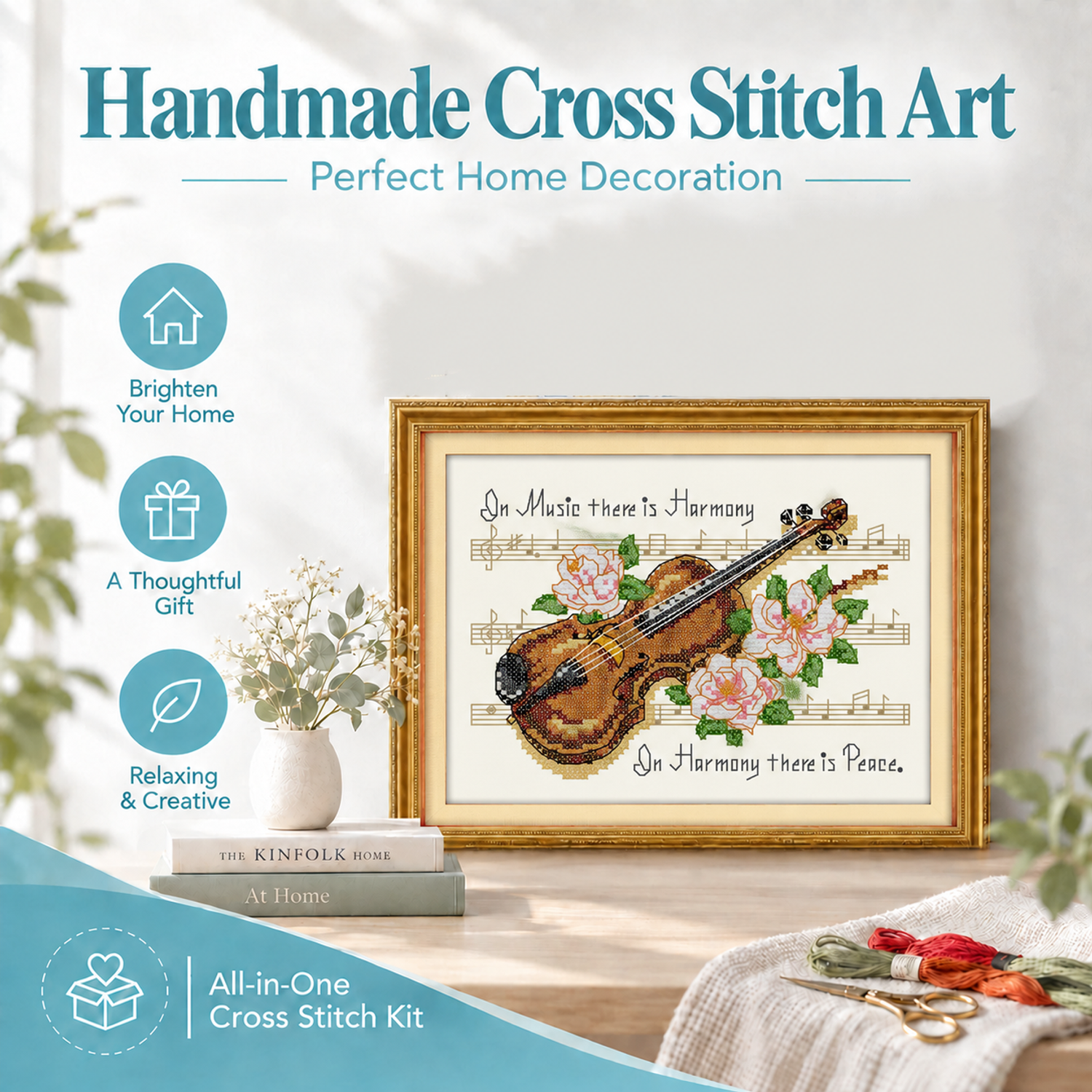 Violin Hand Stitched Classic Table Still Life Cross Stitch Embroidery Kit, Adult Room Wall Art 8 1 273
