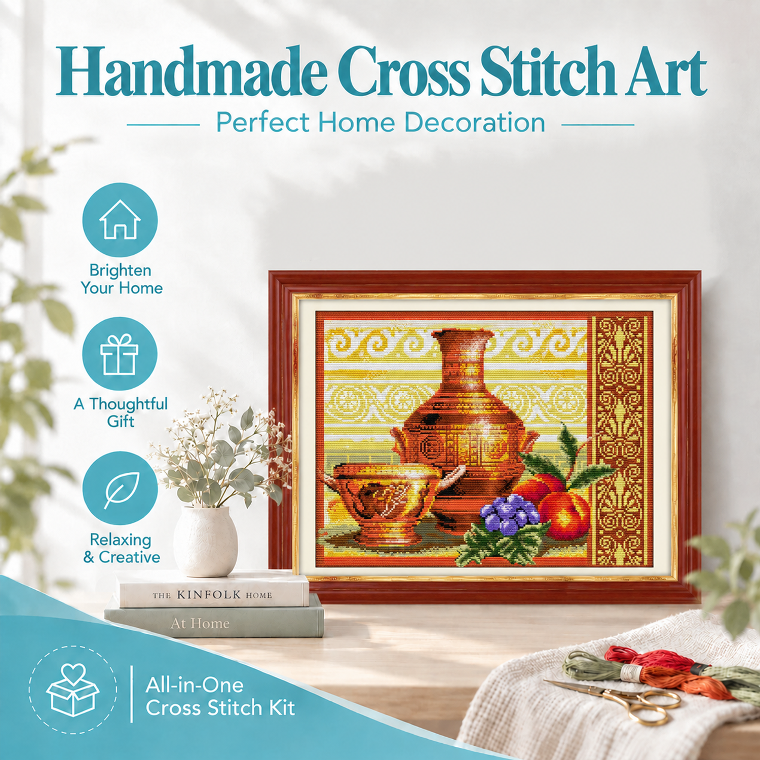 Pottery and fruit Still Life Cross Stitch Embroidery Kit, Full Craft Supplies Included, Ready to Stitch 8 1 274