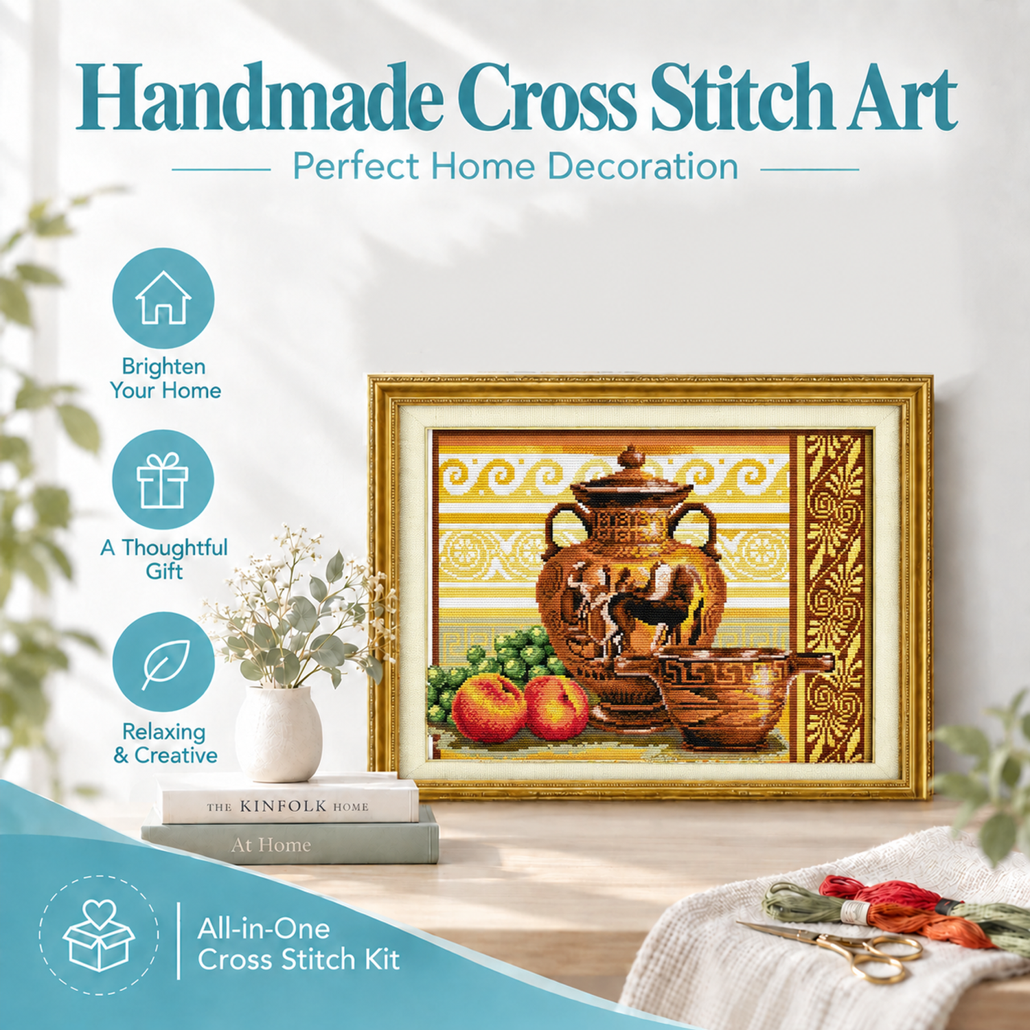Pottery & fruits Minimal Composition Still Life Cross Stitch Kit, Simple Table Objects, Wall Decoration 8 1 275