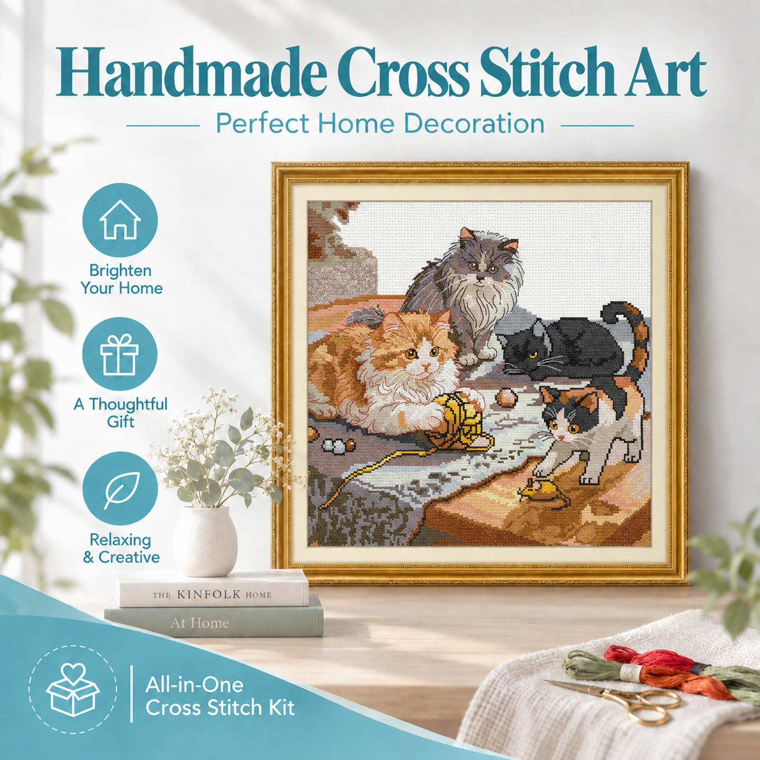 Four little kittens Easy Animal Hand Cross Stitch Embroidery Kit for Adults, Relaxing Hobby Craft, Home Hanging Art 7 1 28