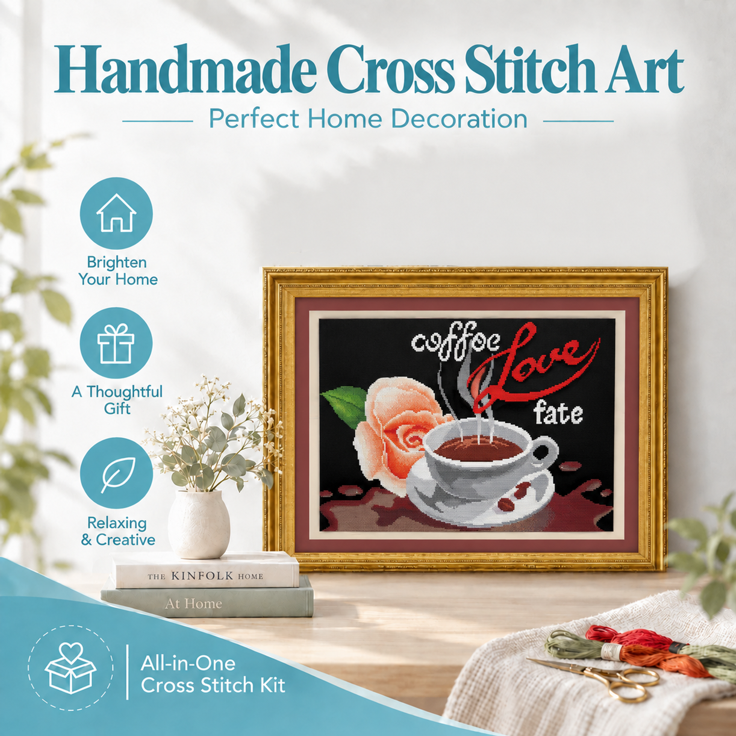 Coffee Romance Still Life Cross Stitch Embroidery Kit, Daily Objects Artwork, Bedroom Wall Hanging Art 8 1 280