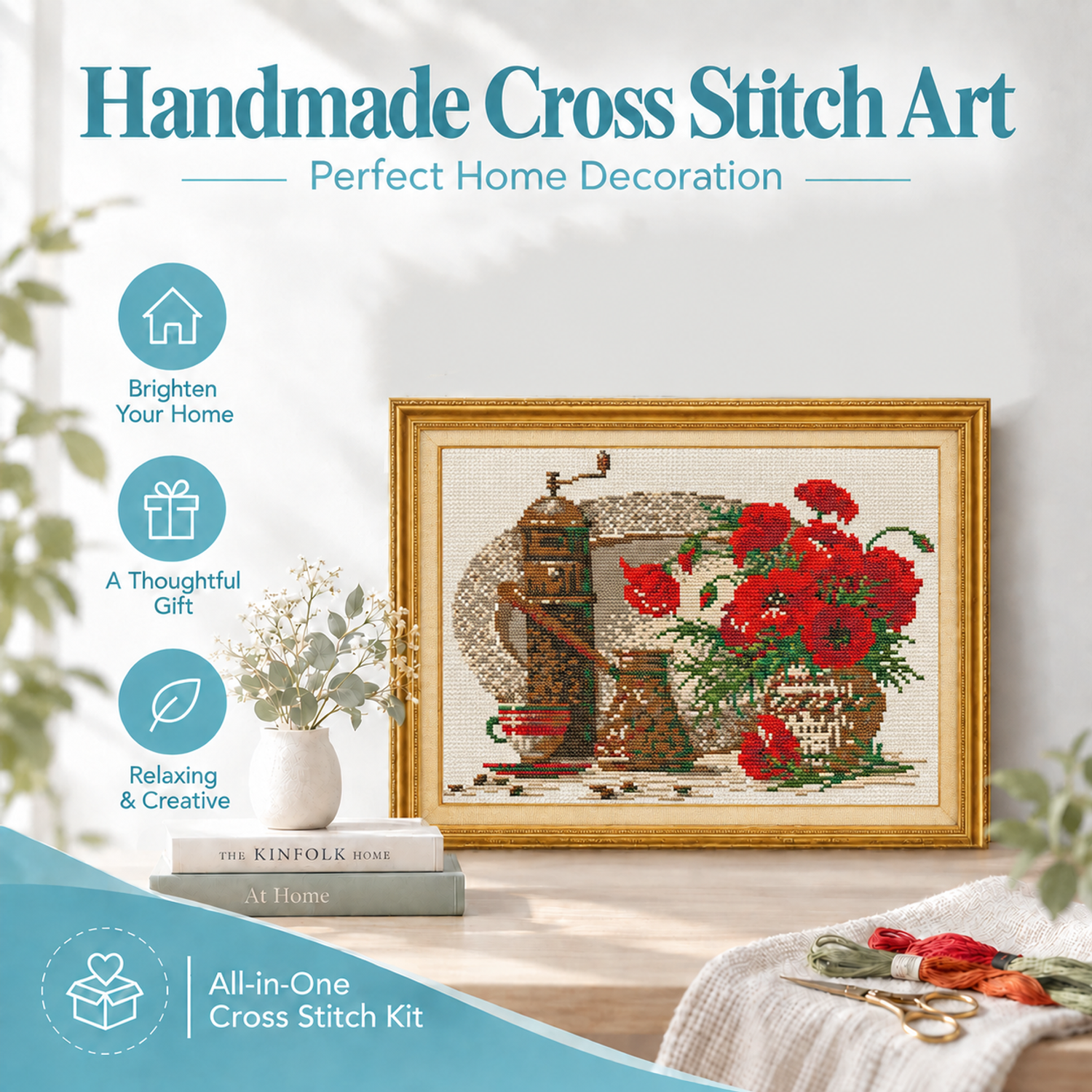 Teacup and poppy Simple Table Composition Still Life Cross Stitch Kit, Fast Stitch Project, Interior Art 8 1 288