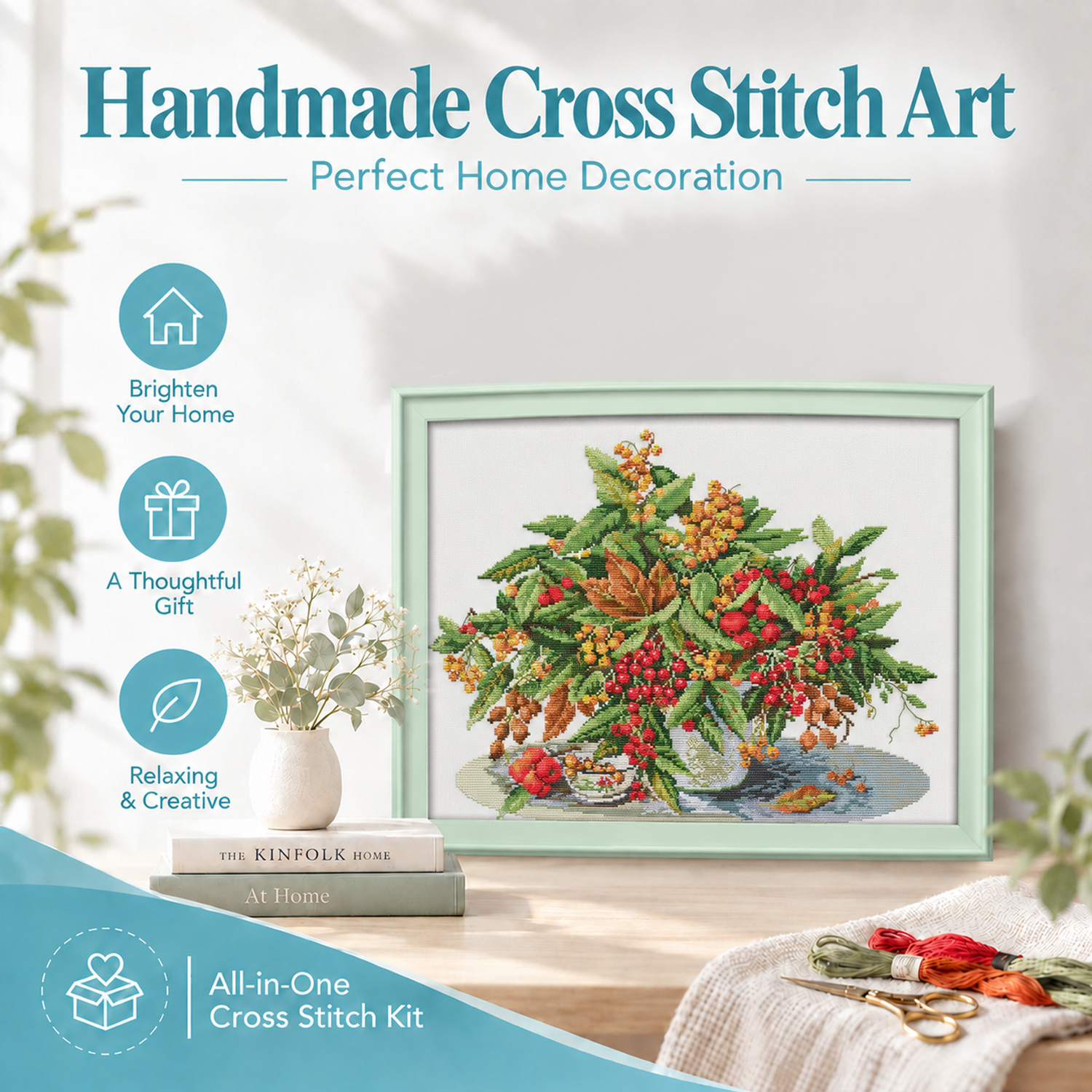 Cherry vase Beginner Simple Still Life Cross Stitch Kit, Uncomplicated Table Scene, DIY Wall Art 8 1 292