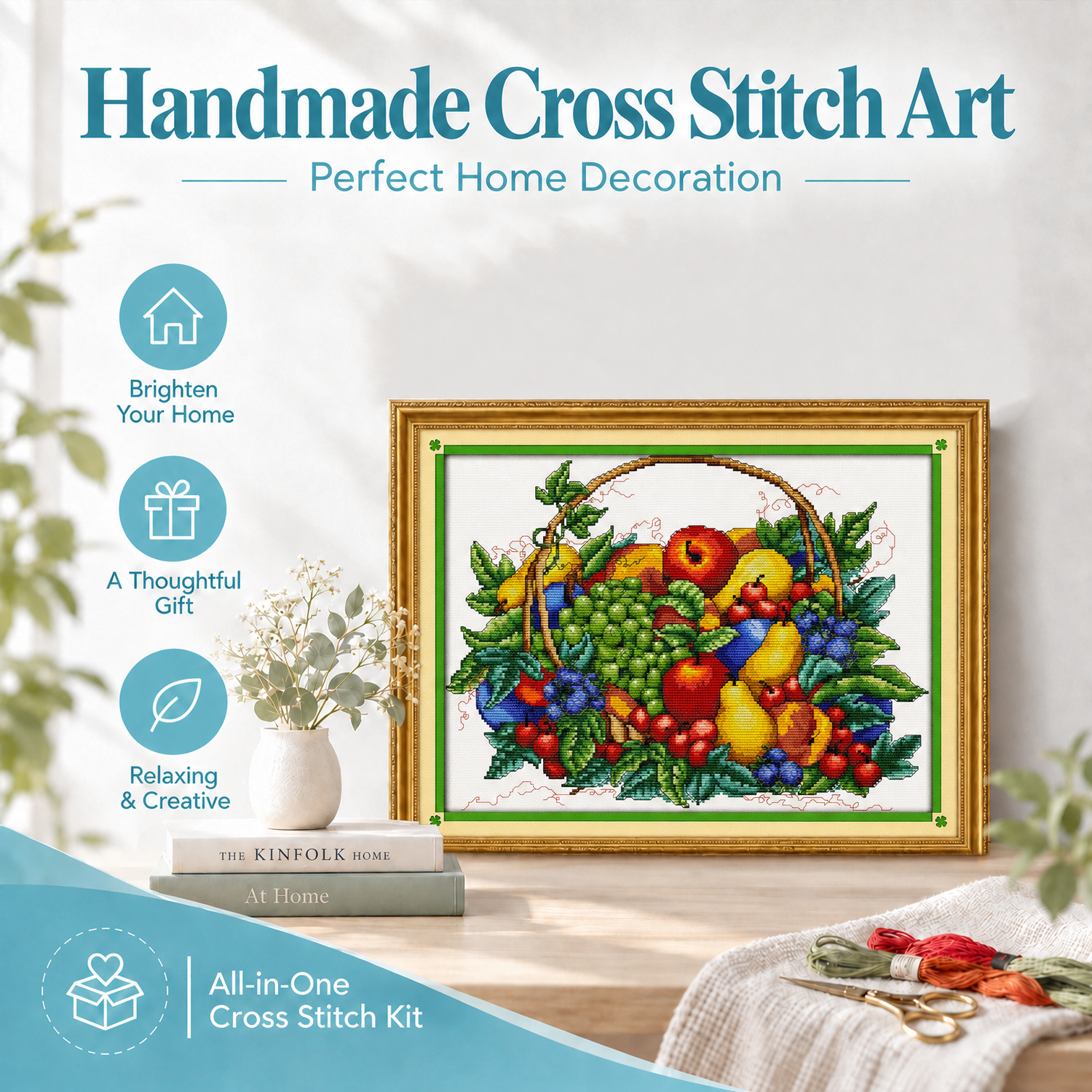 Fruit basket Natural Tone Still Life Cross Stitch Kit, Earthy Table Objects, Wall Hanging Art 8 1 294