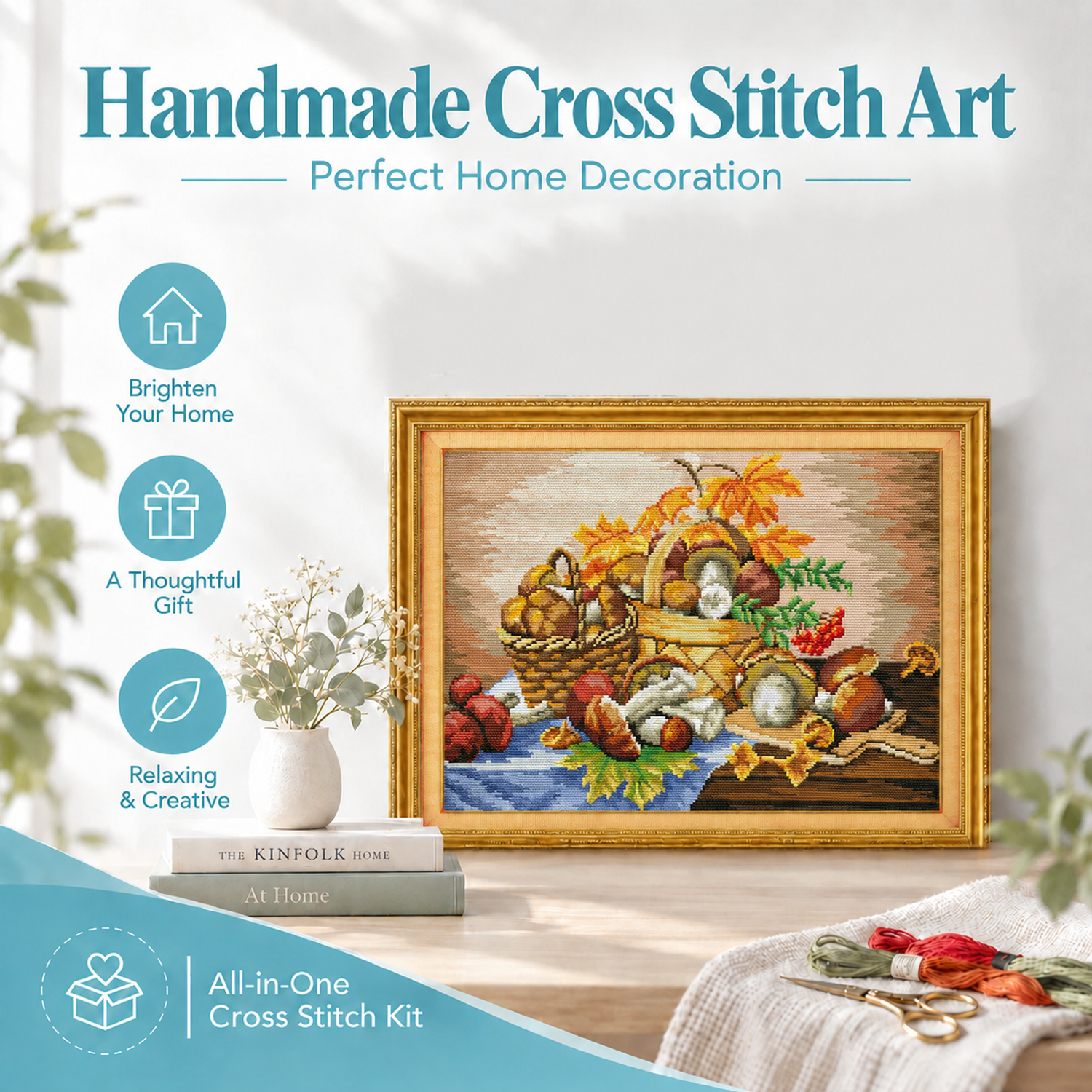 A basket of mushrooms Still Life Cross Stitch Embroidery Kit, Clear Step-by-Step Tutorial, Adult Handwork 8 1 298