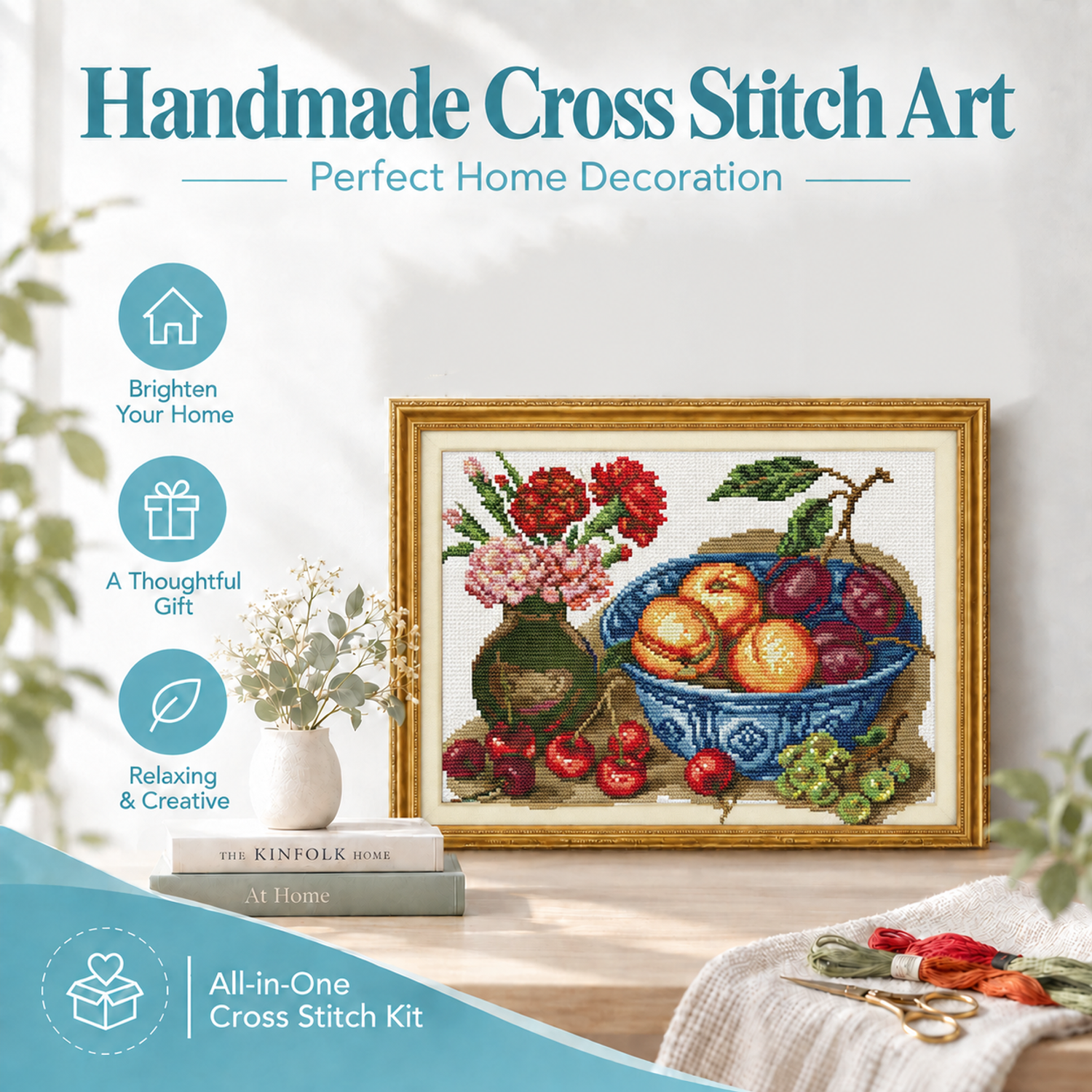 Cherry fruit All Inclusive Table Still Life Cross Stitch Starter Kit, Beginner Embroidery Needlework 8 1 303