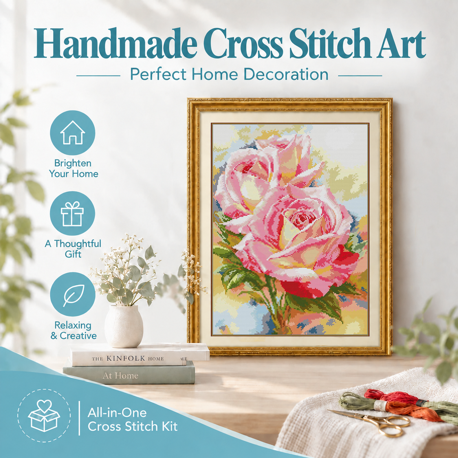 Two pink roses Floral Cross Stitch Embroidery Kit, Elegant Floral Bouquet Needlework, Adult Craft Kit 9 1 305