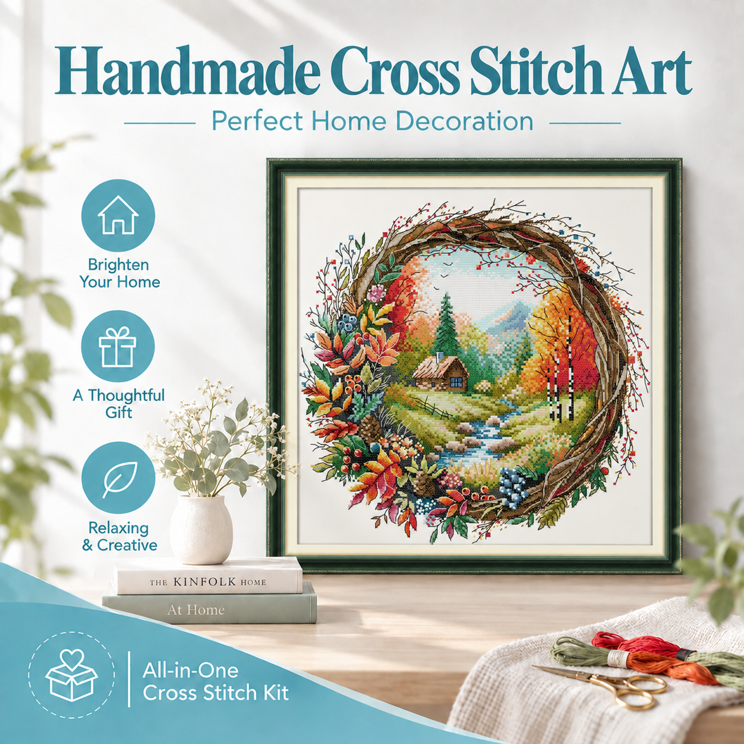 Autumn in a wreath Floral Cross Stitch Embroidery Kit, Handmade Floral Art Gift, Home Wall Hanging Decor 8 1 309