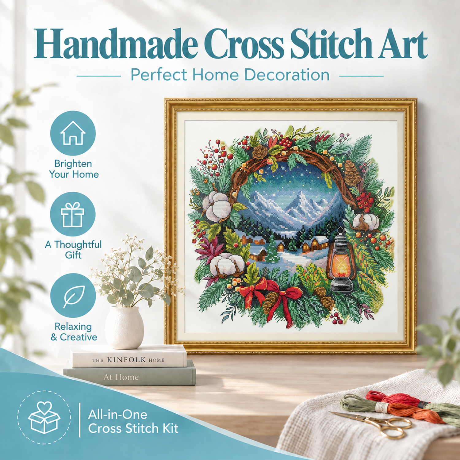 Winter in a wreath Floral Cross Stitch Embroidery Kit, All-in-One Flower Craft Kit, Adult Beginner Needlework 8 1 310