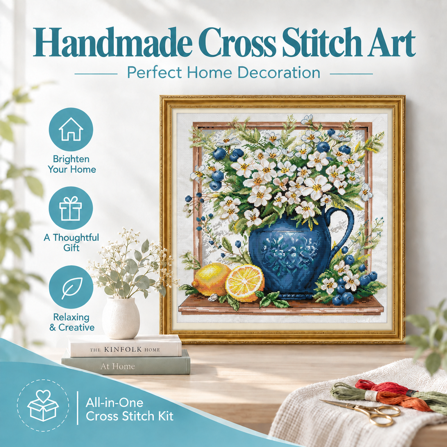 White flowers in a bottle Floral Cross Stitch Embroidery Kit, Simple Hand Stitch Floral Wreath, Home Wall Decor 8 1 311