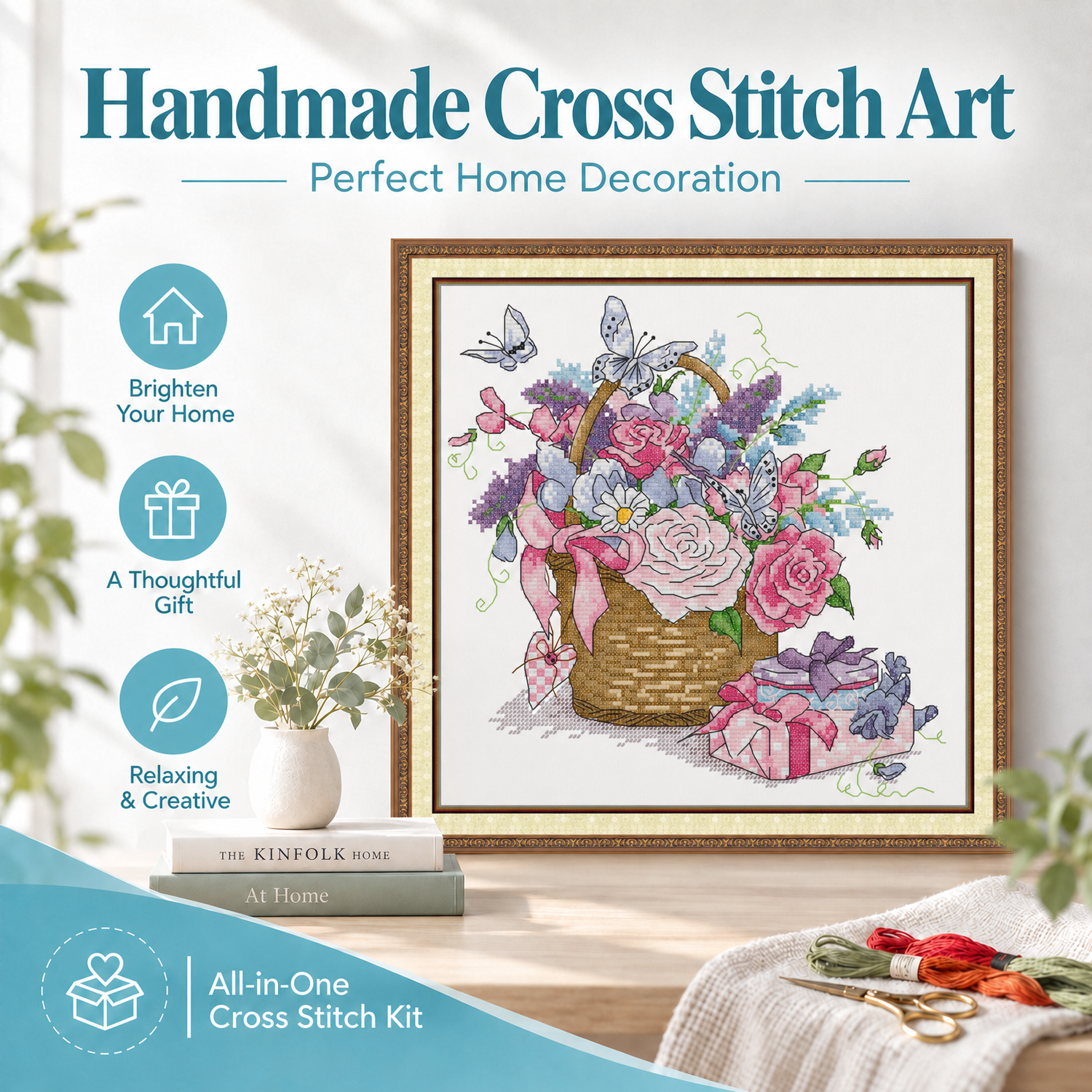 Basket of flowers Floral Cross Stitch Embroidery Kit, Boho Botanical Floral Design, Adult Home Wall Art 8 1 312