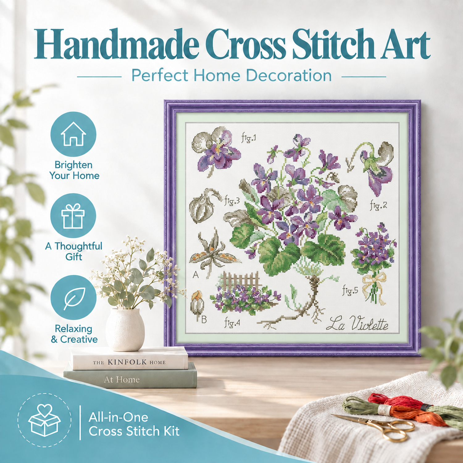 Violets Floral Cross Stitch Embroidery Kit, DIY Floral Wall Art Making, Lovely Flower Pattern 8 1 313