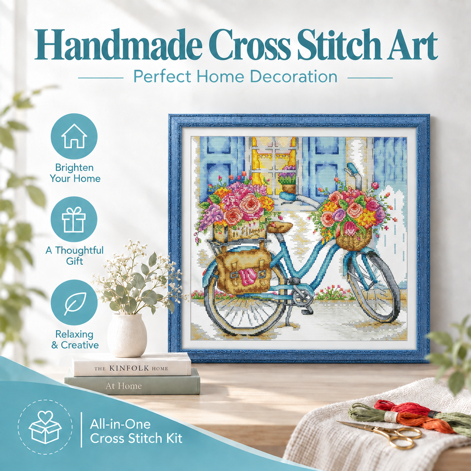 Bicycle loaded with flowers Floral Cross Stitch Embroidery Kit, Handcrafted Floral Needlework, Living Room Wall Decor 8 1 315