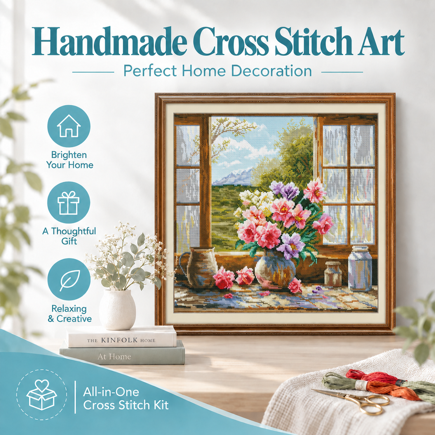 Window sill vase Floral Cross Stitch Embroidery Kit, Complete DIY Floral Craft Supplies, Home Wall Art 8 1 316