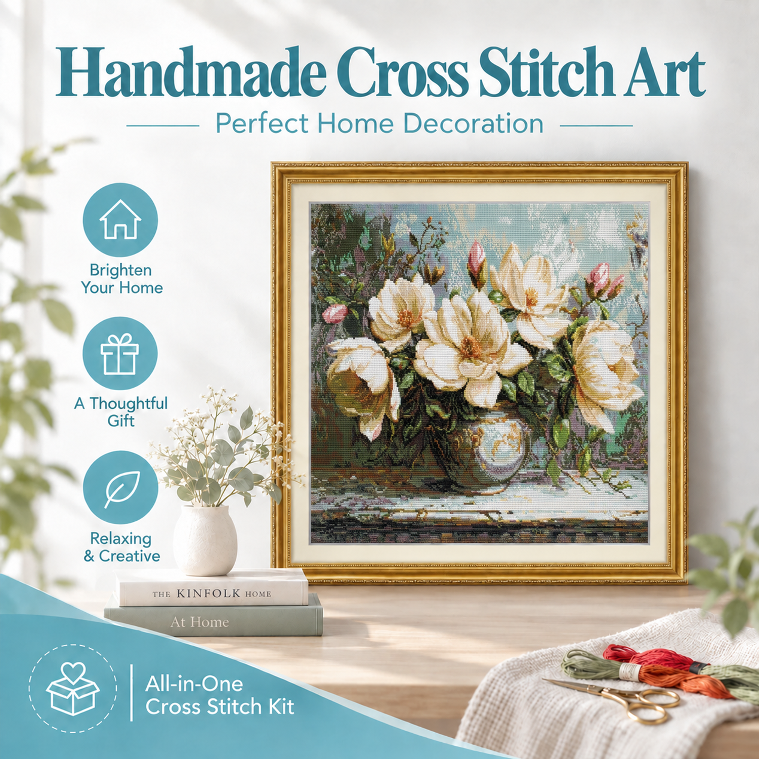 The Mysterious Magnolia Floral Cross Stitch Embroidery Kit, Simple Flower & Foliage Design, Adult Wall Decor 8 1 317
