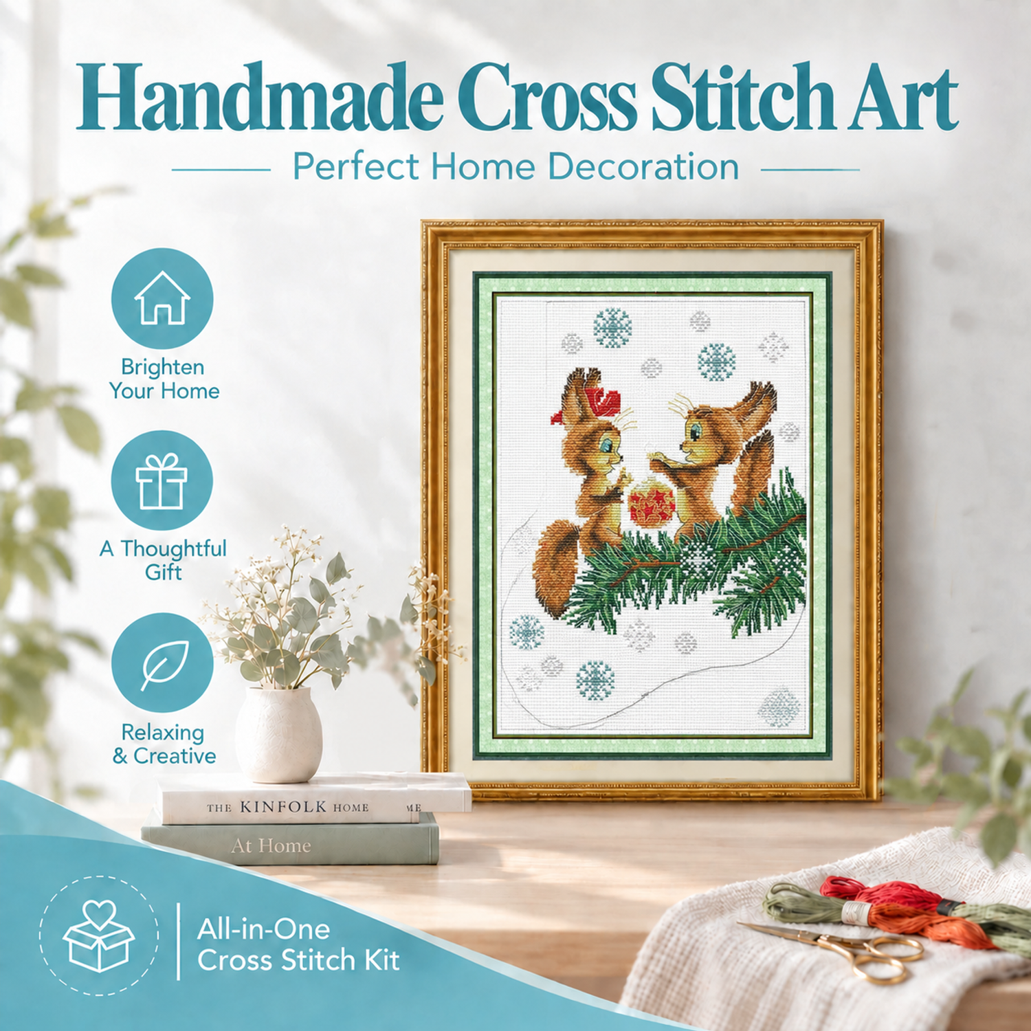 Christmas Stocking—The Squirrel Delivering Gifts Complete Still Life Cross Stitch Embroidery Supplies Set, Thread, Needle & Instruction 8 1 320