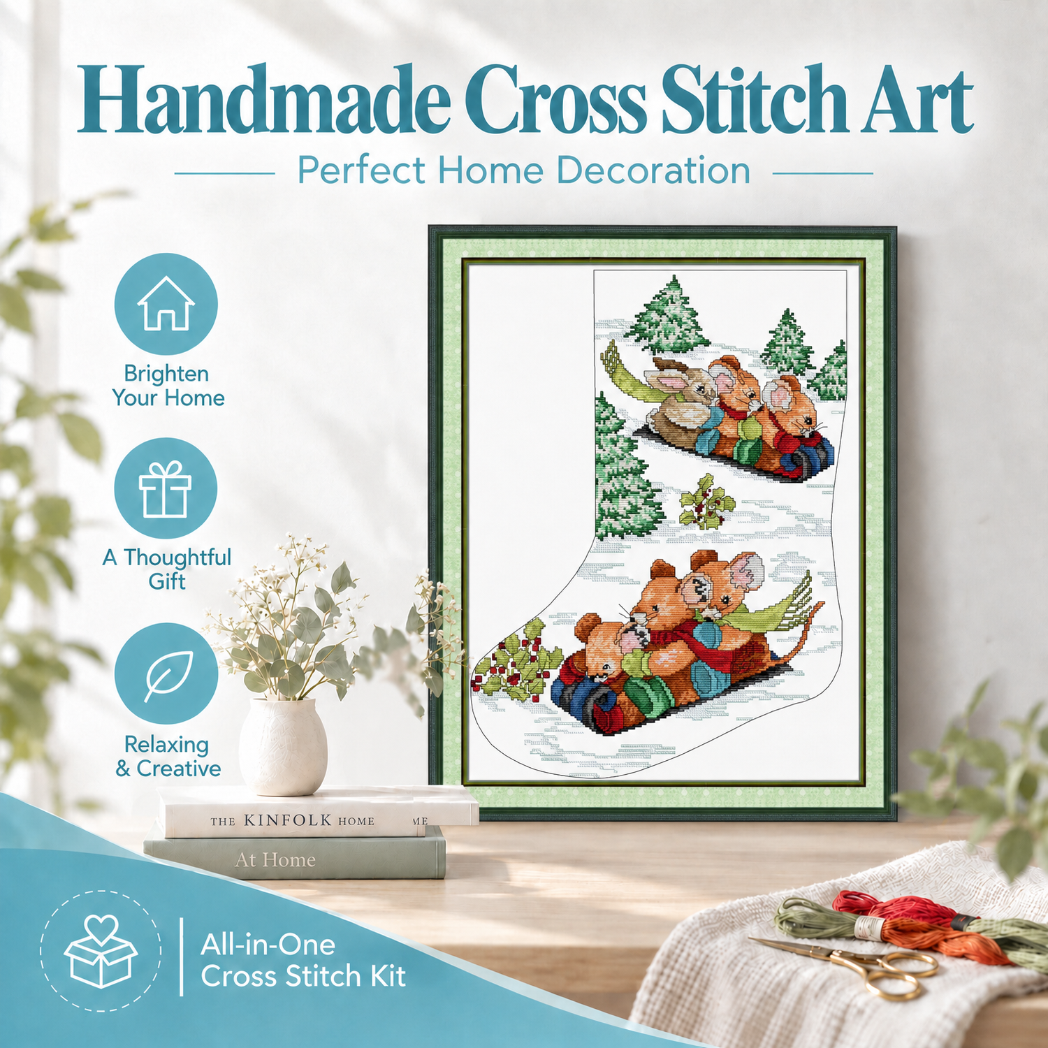 Christmas Stocking—Little Animals on Skis Handmade Art Still Life Cross Stitch Kit, Classic Table Scene, Gift for Craft Lovers 8 1 321