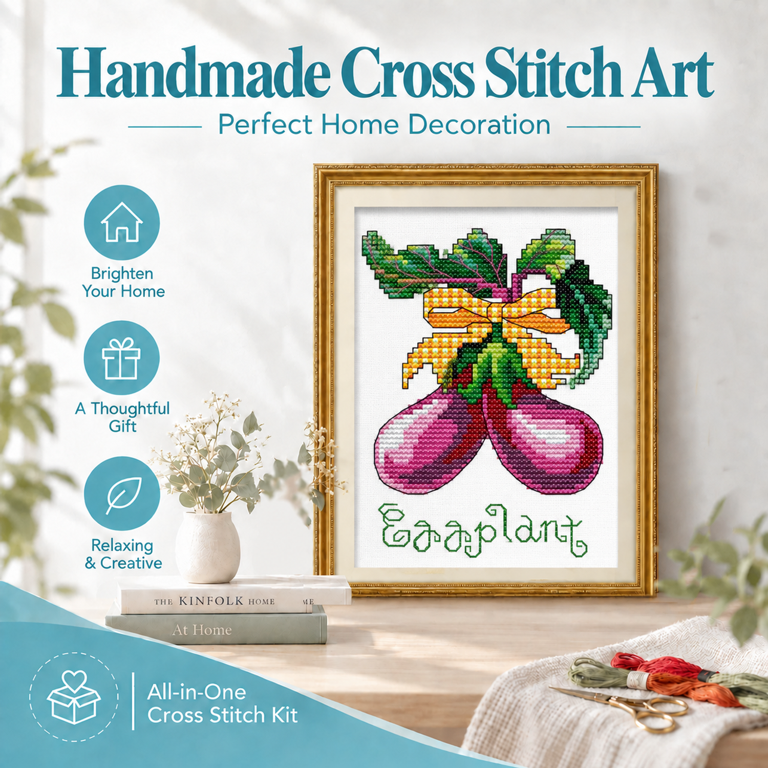 Eggplant Vintage Art Still Life Cross Stitch Embroidery Kit, Retro Table Object Layout, Wall Art 8 1 329