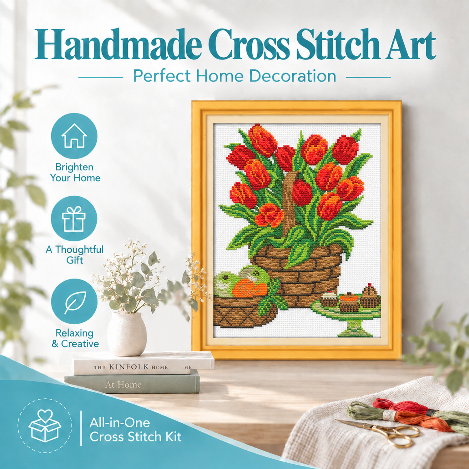 Fruit snacks on the table Still Life Cross Stitch Embroidery Kit with Embroidery Hoop, Tabletop Hand Stitch Project 8 1 333