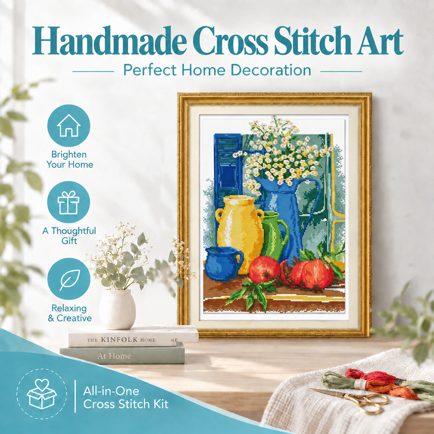 Kitchen drawing Still Life Cross Stitch Embroidery Kit, Calming Hand Stitch Hobby, Elegant Wall Hanging 8 1 335