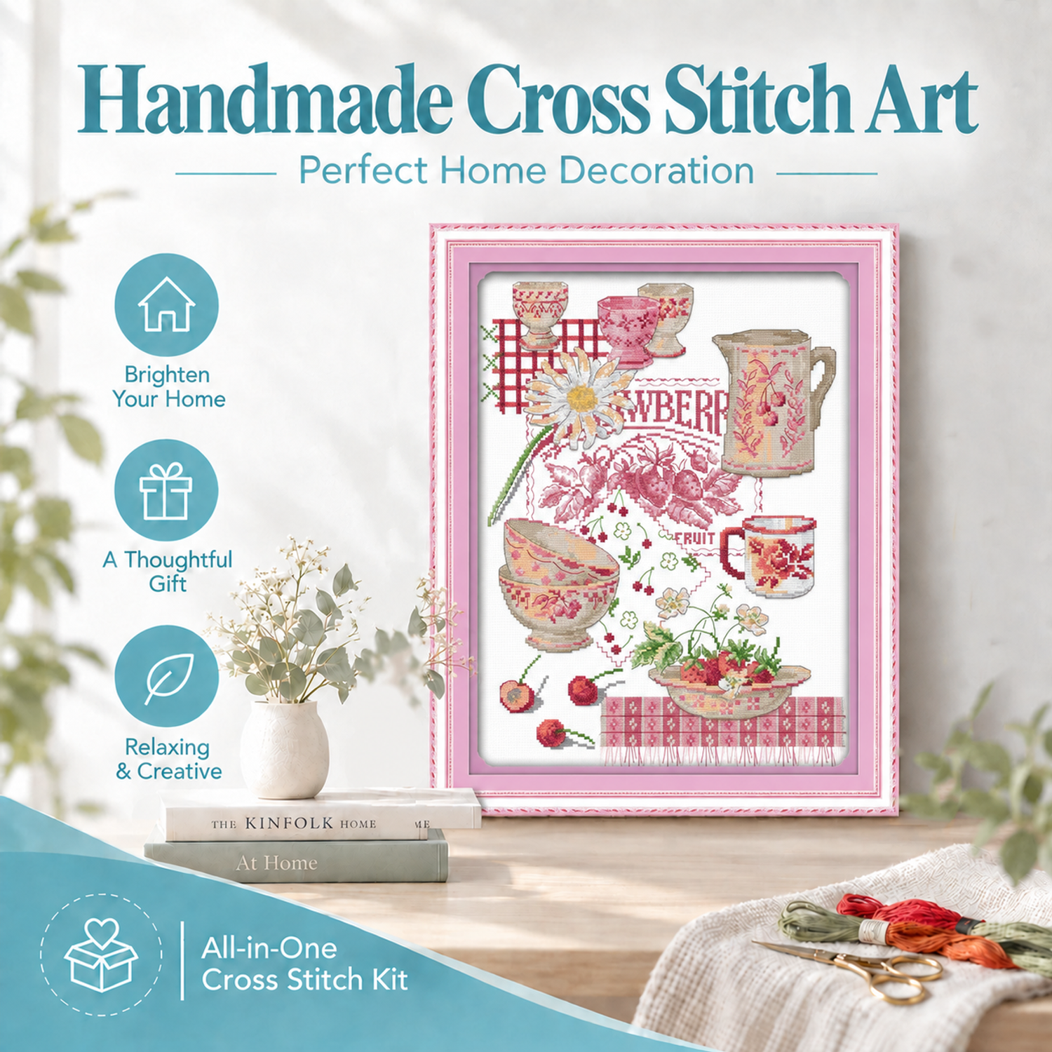 Colorful fruit tableware Rustic Table Still Life Cross Stitch Starter Kit, Farmhouse Object Design, Easy DIY Art 8 1 336